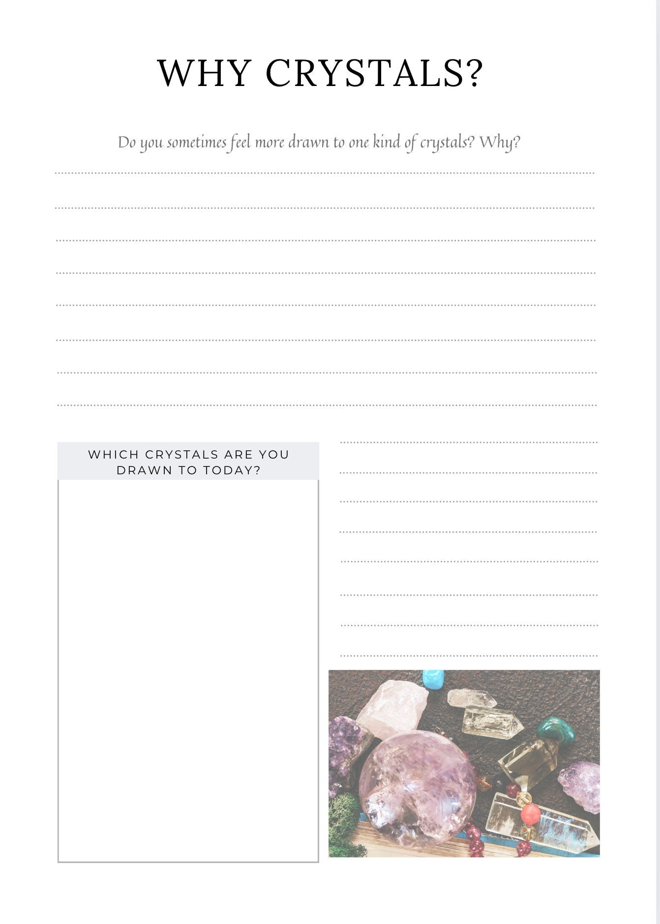 Printable Crystal Journal (pdf) for use in a binder, 34 pages, beautiful inspiring templates to help you document and use your crystals