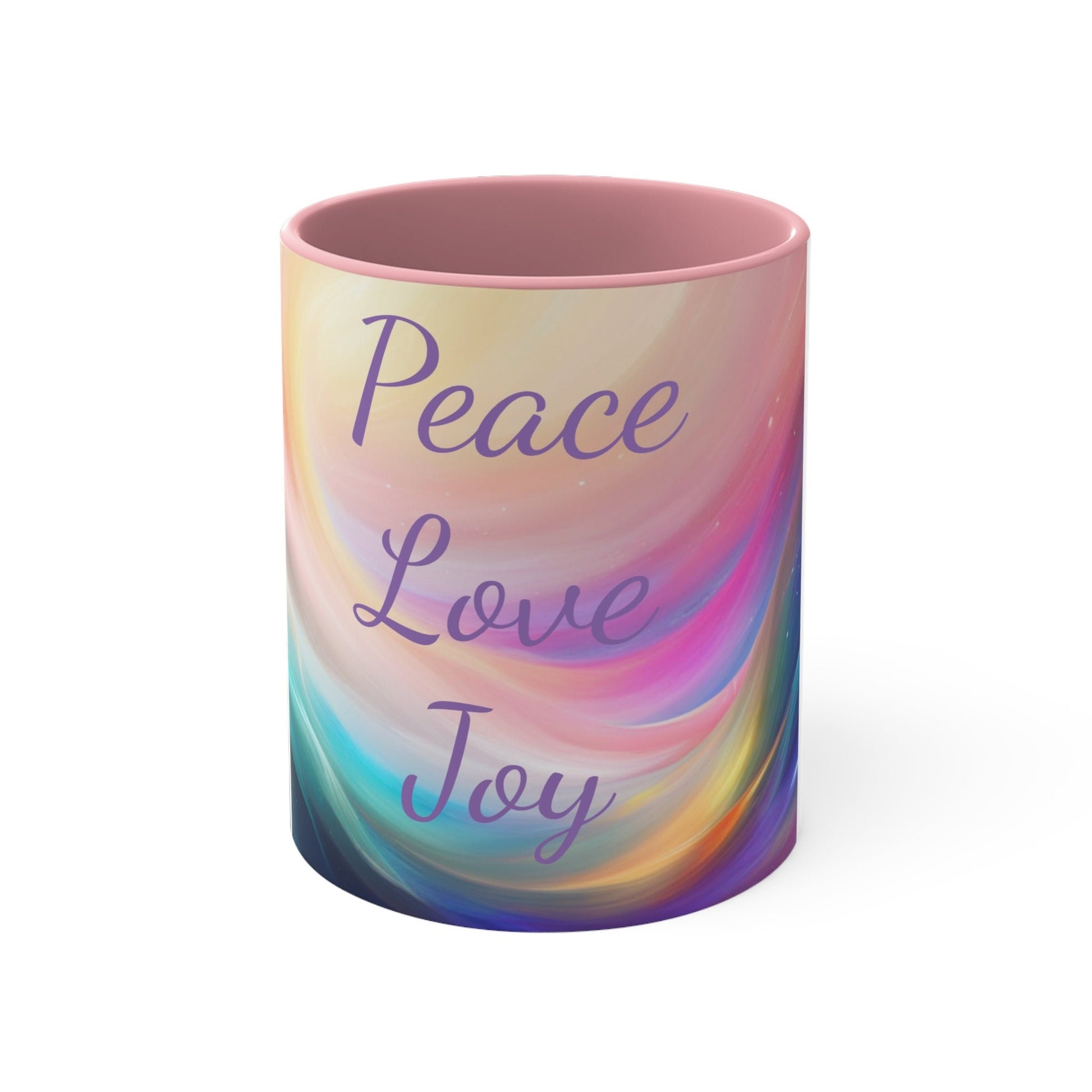 Colorful Affirmation Mug, 11oz, peace, love, joy, I receive high frequency vibration, I embody it and it becomes who I am, Aus