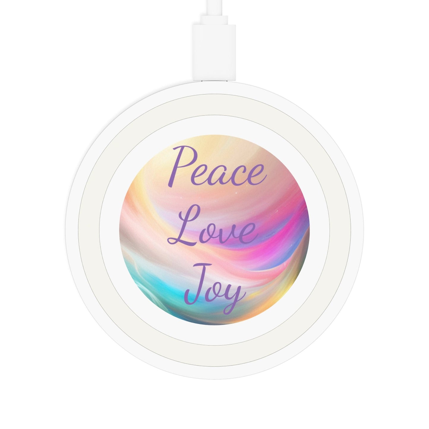 Peace, Love, Joy Wireless Charging Pad, charge your phone with positive intention, USA, iphones and android, USB cable