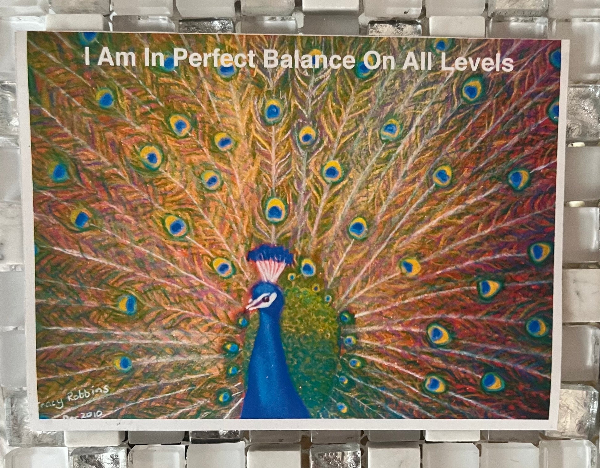 Light encoded affirmation intention magnet ( fridge magnet) for perfect balance in all levels, alchemical artwork proud peacock symmetrical