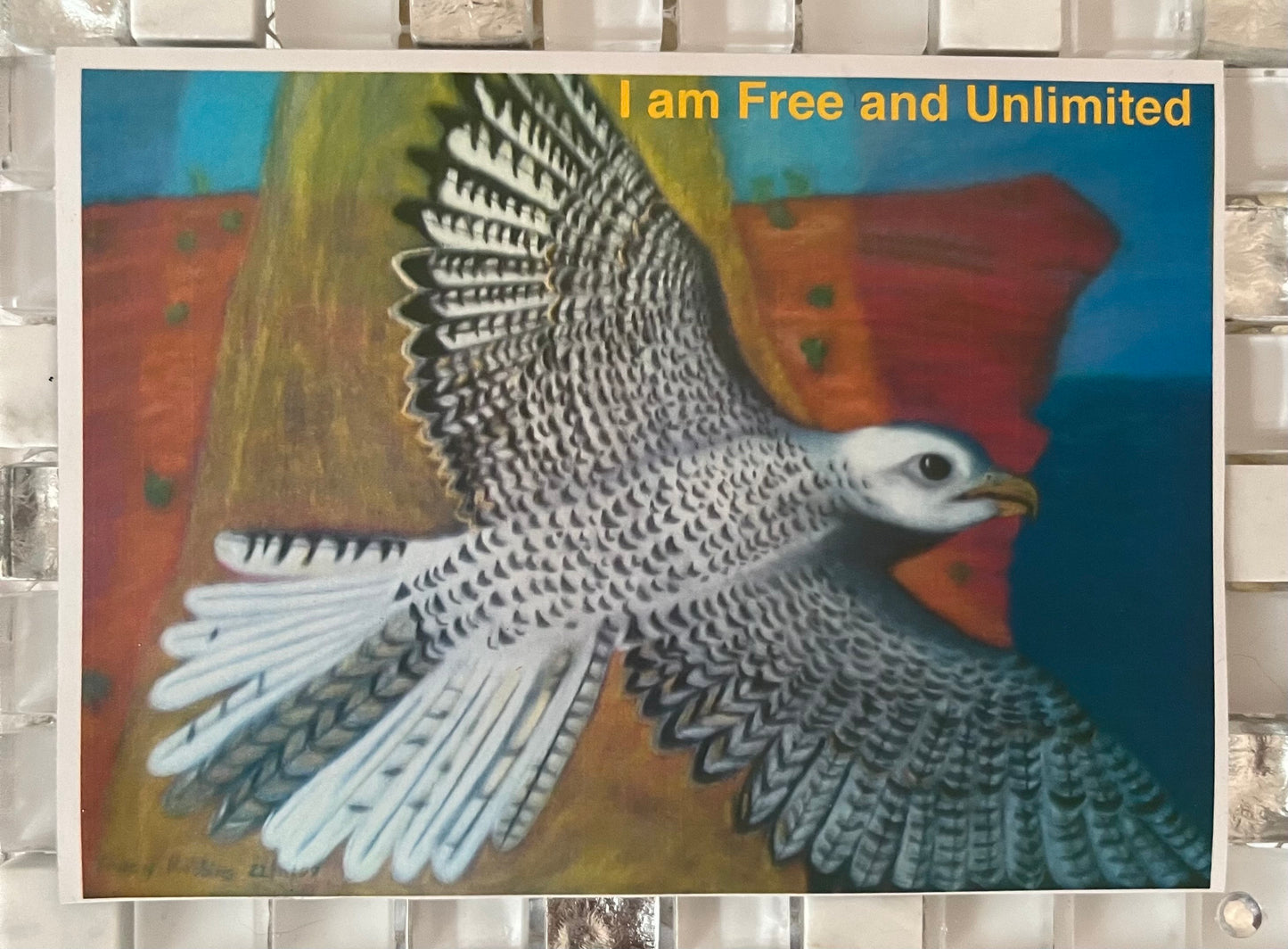 Light encoded affirmation intention magnet ( fridge magnet) for freedom, alchemical artwork, falcon flying out toward horizon, large A6