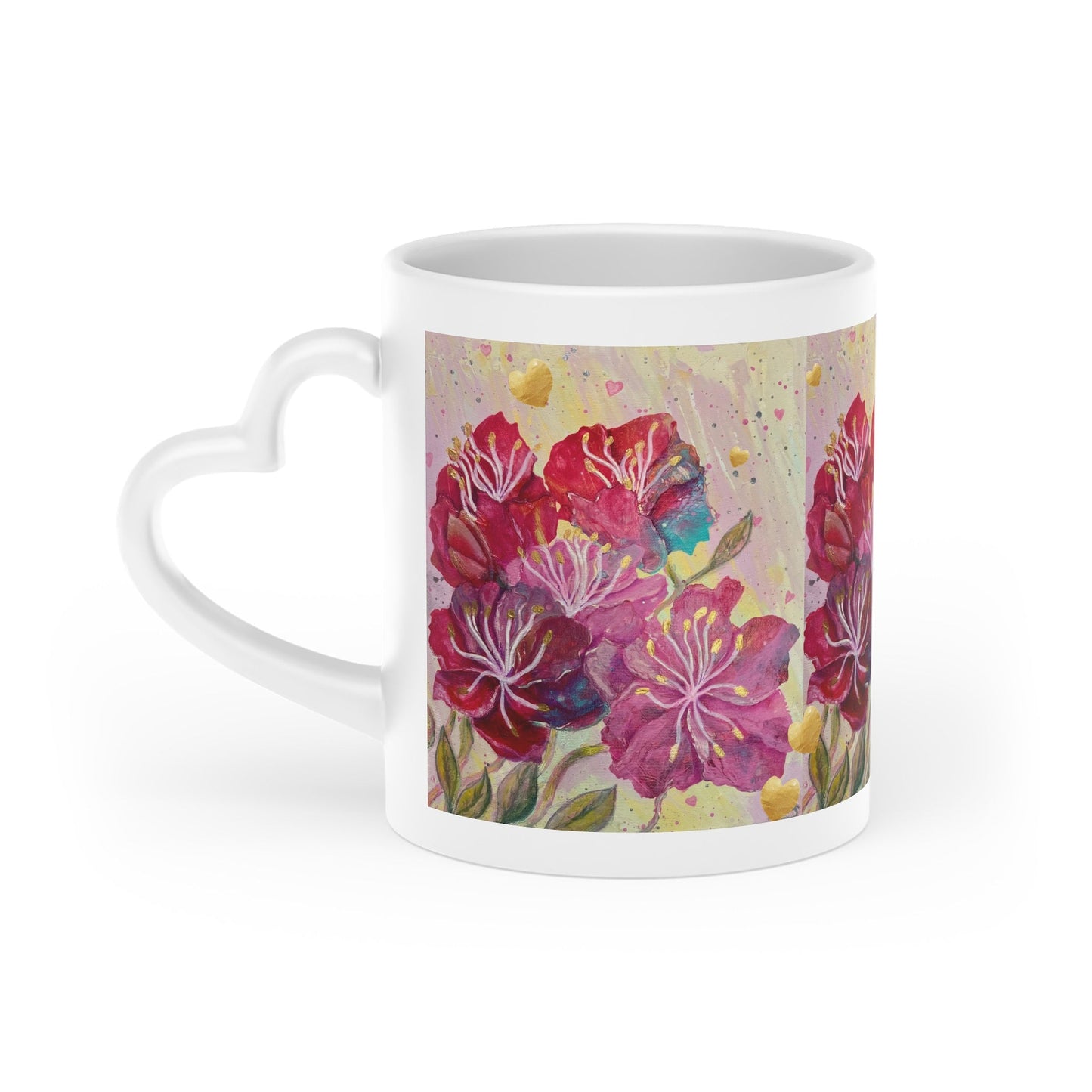 Heart-Shaped Mug, pink, red and gold flowers and hearts, alchemical art, archangel ariel, love of nature, gift for everyone