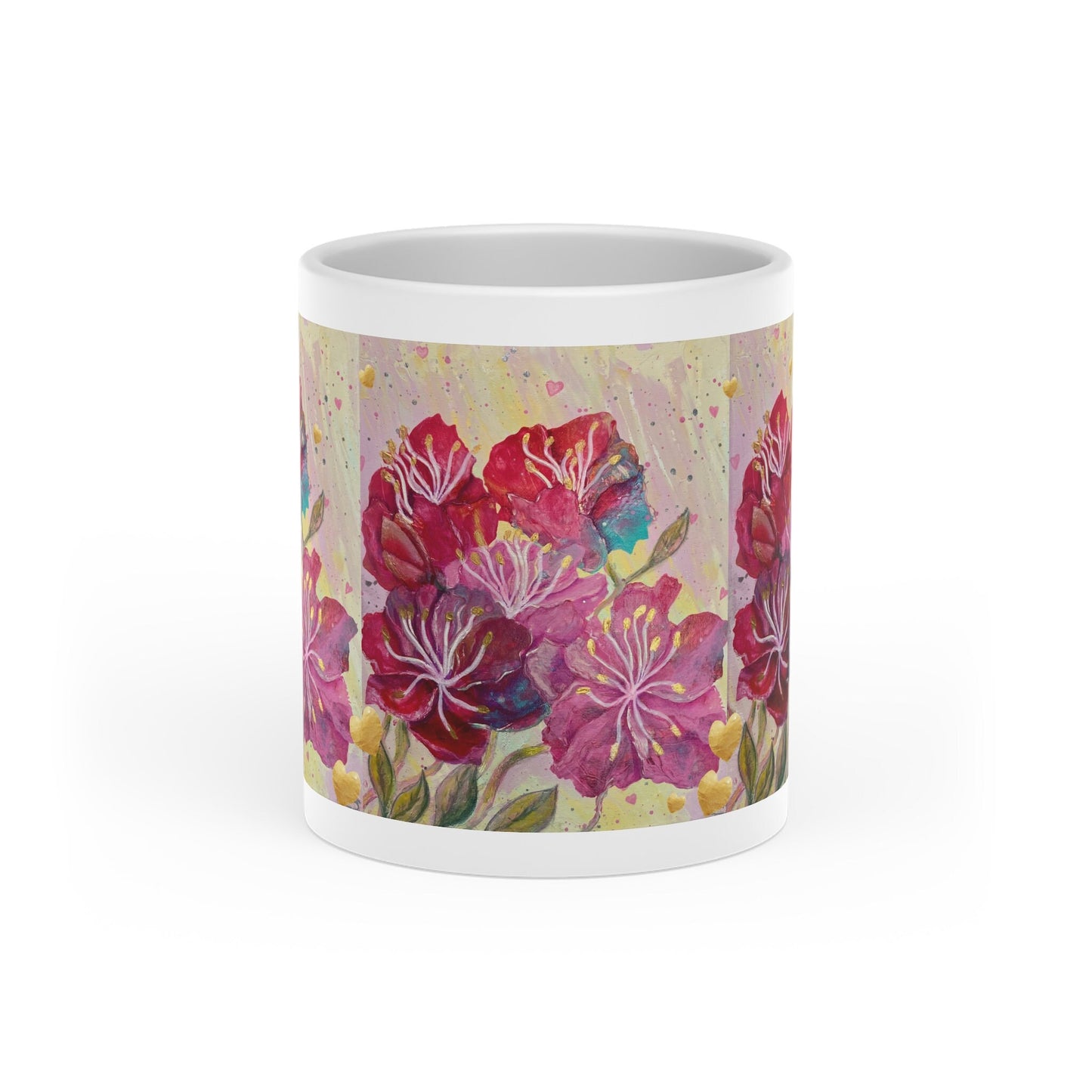 Heart-Shaped Mug, pink, red and gold flowers and hearts, alchemical art, archangel ariel, love of nature, gift for everyone