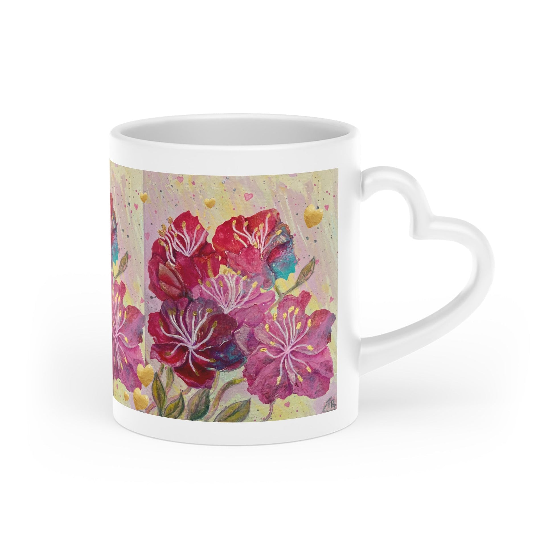 Heart-Shaped Mug, pink, red and gold flowers and hearts, alchemical art, archangel ariel, love of nature, gift for everyone