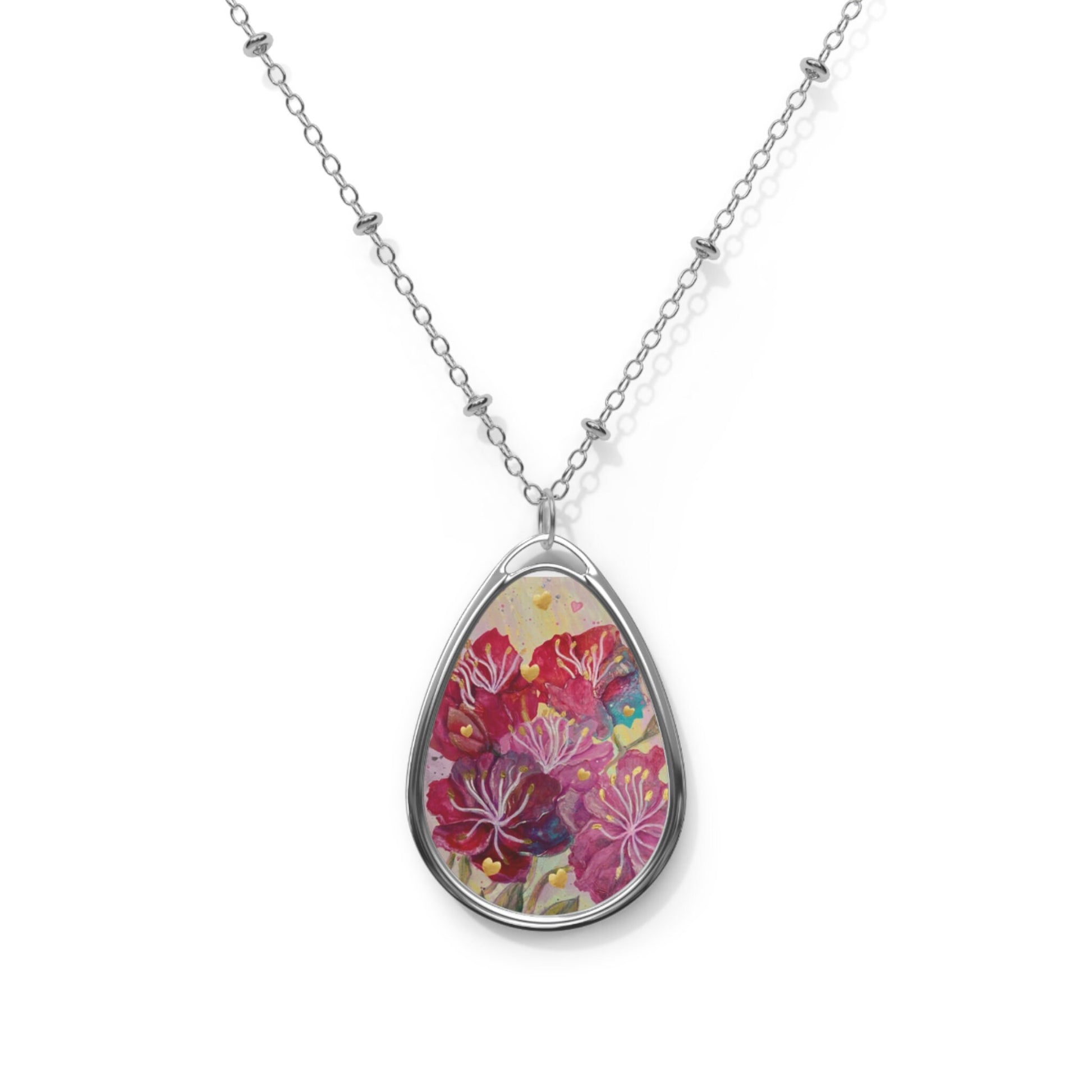 Energised alchemical art Oval Necklace, pink, red, gold flowers and hearts, inspired by archangel ariel