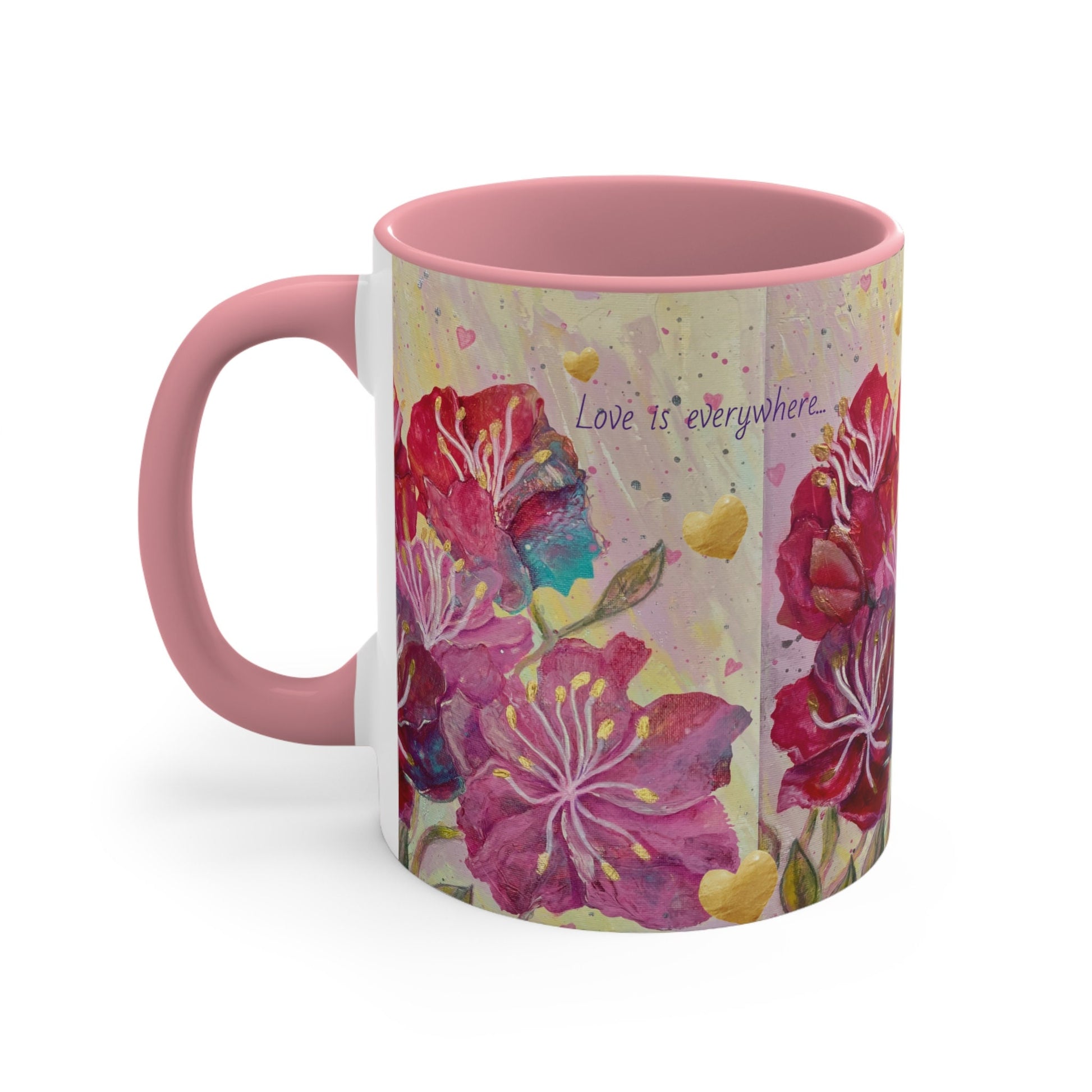 Colorful energised Mugs, 11oz, choice of colours, alchemical art, pink, red, gold flowers and hearts, inspired by archangel ariel