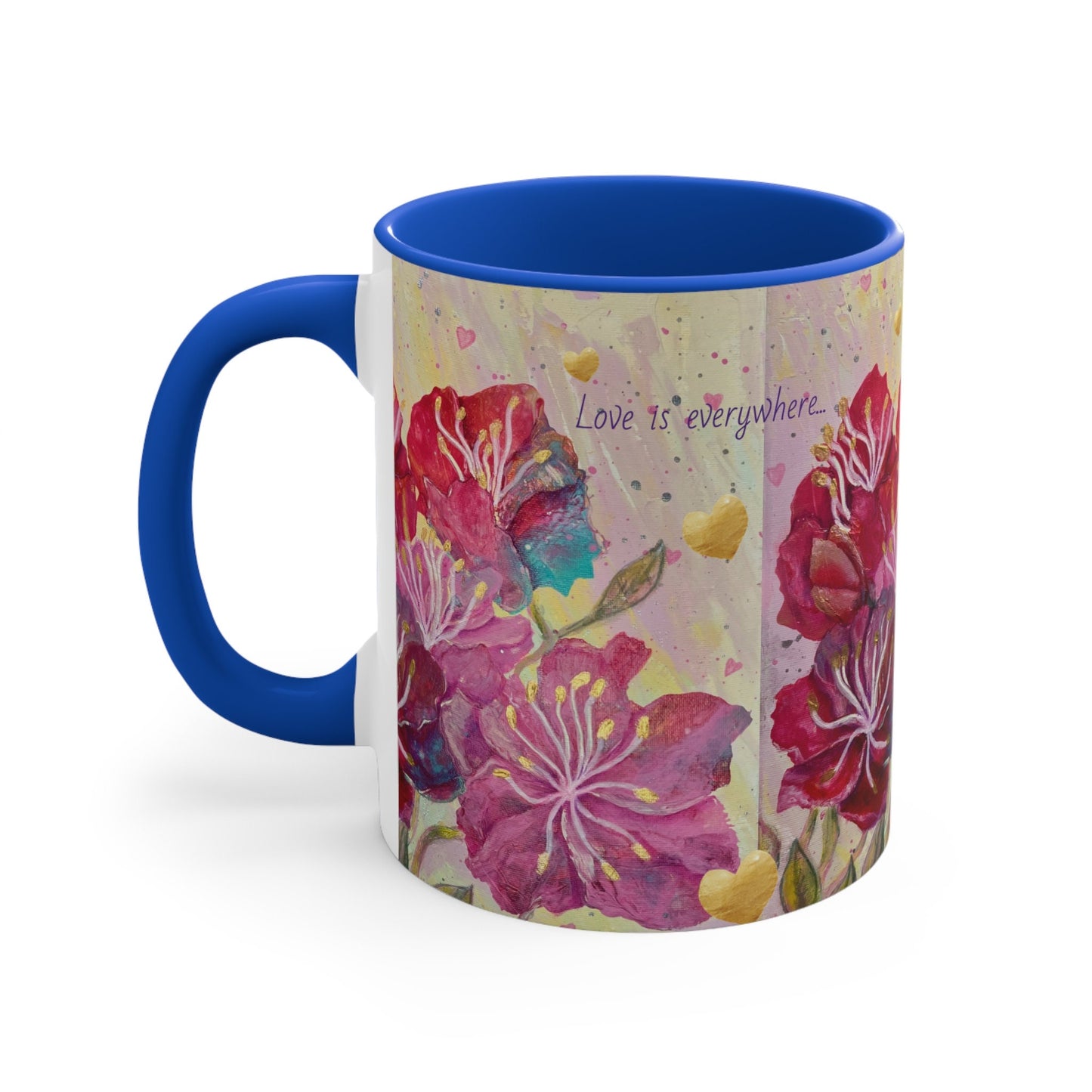 Colorful energised Mugs, 11oz, choice of colours, alchemical art, pink, red, gold flowers and hearts, inspired by archangel ariel