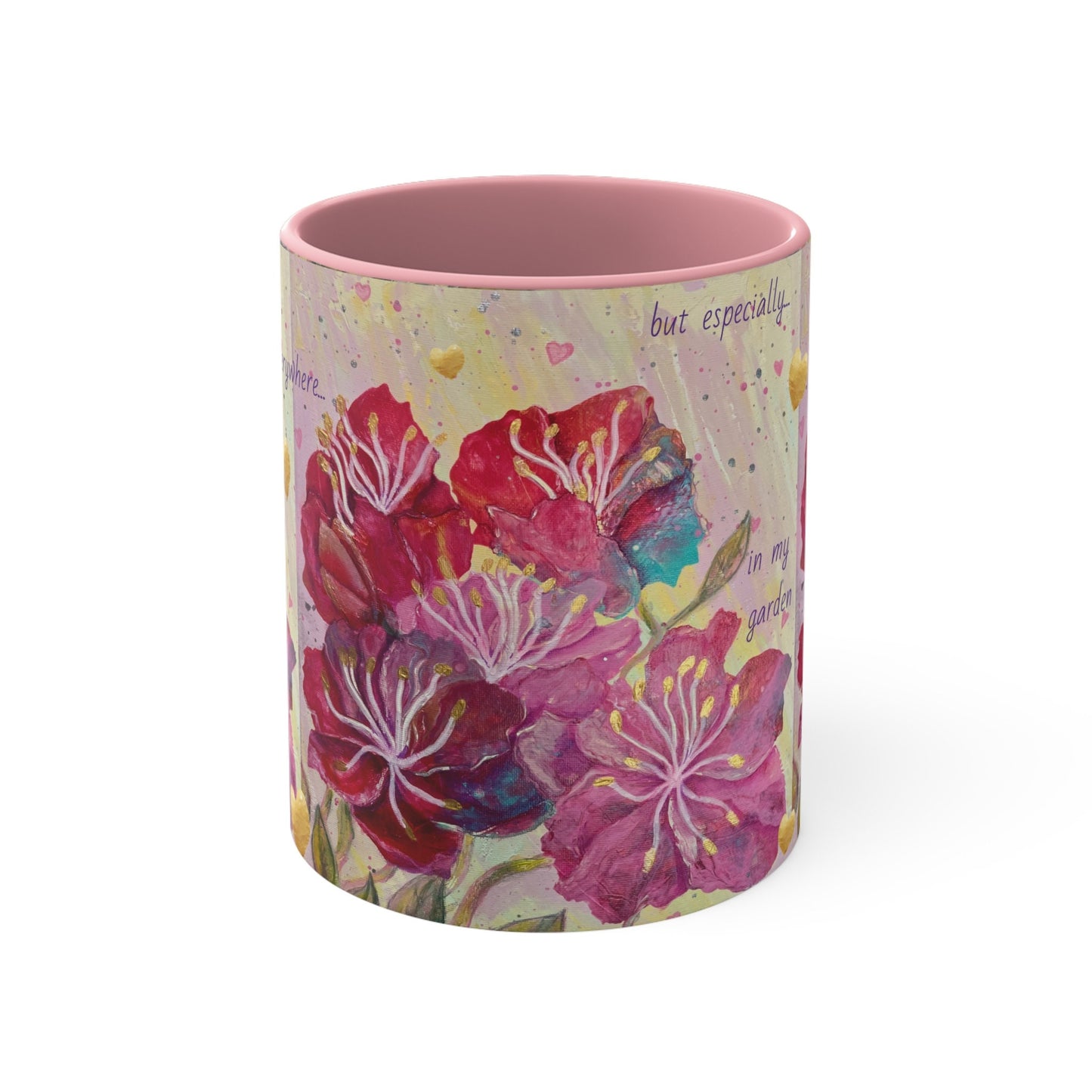 Colorful energised Mugs, 11oz, choice of colours, alchemical art, pink, red, gold flowers and hearts, inspired by archangel ariel