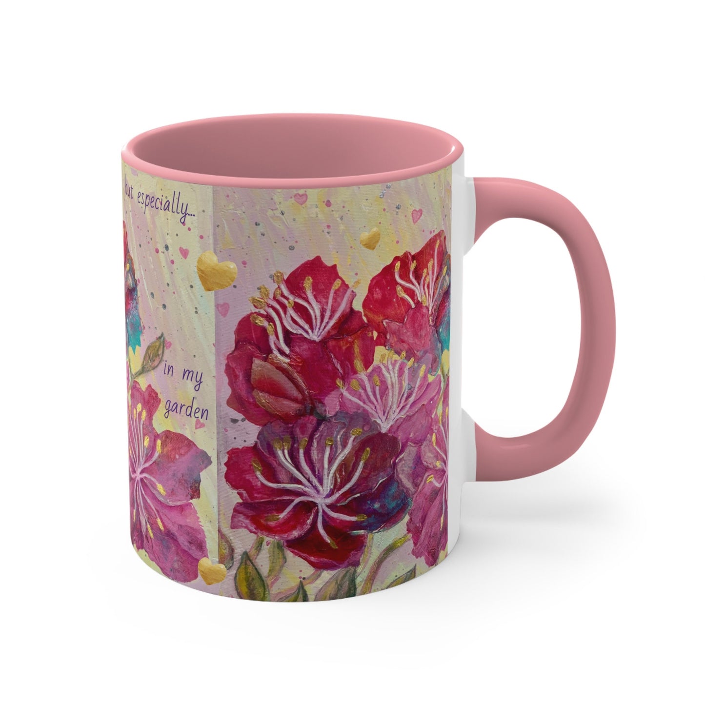 Colorful energised Mugs, 11oz, choice of colours, alchemical art, pink, red, gold flowers and hearts, inspired by archangel ariel