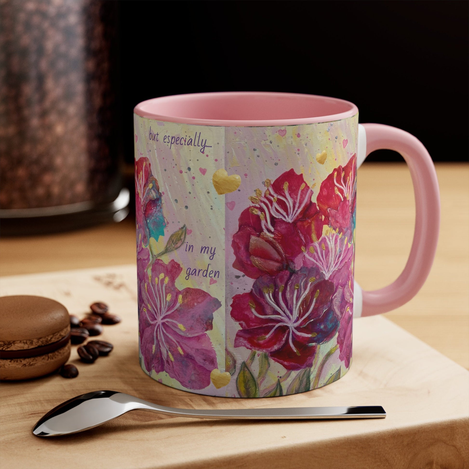 Colorful energised Mugs, 11oz, choice of colours, alchemical art, pink, red, gold flowers and hearts, inspired by archangel ariel