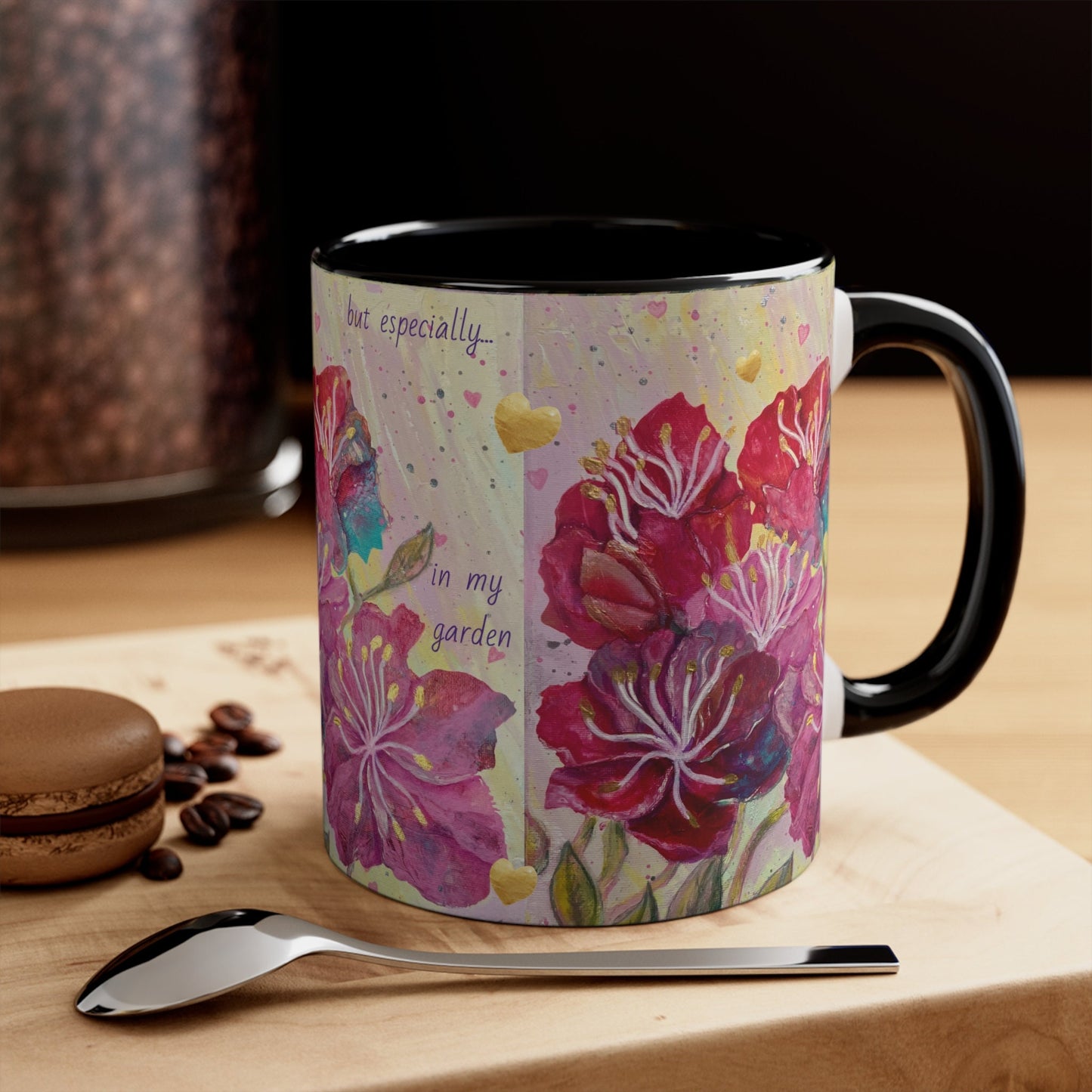 Colorful energised Mugs, 11oz, choice of colours, alchemical art, pink, red, gold flowers and hearts, inspired by archangel ariel