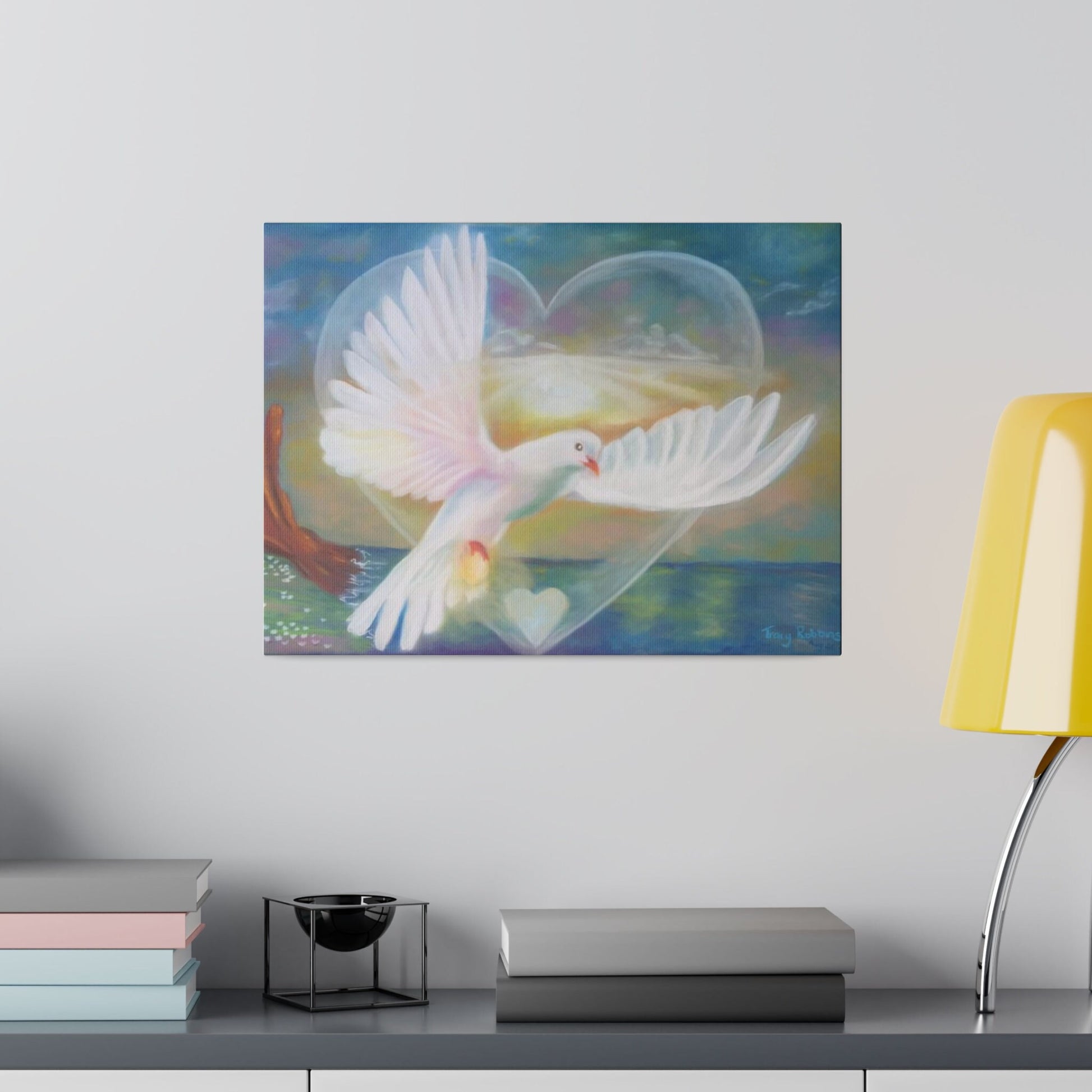 Alchemical art healing Matte Canvas Print, Stretched, Illumination, dove flying through heart portal, energised, Ships from Aus, UK, US