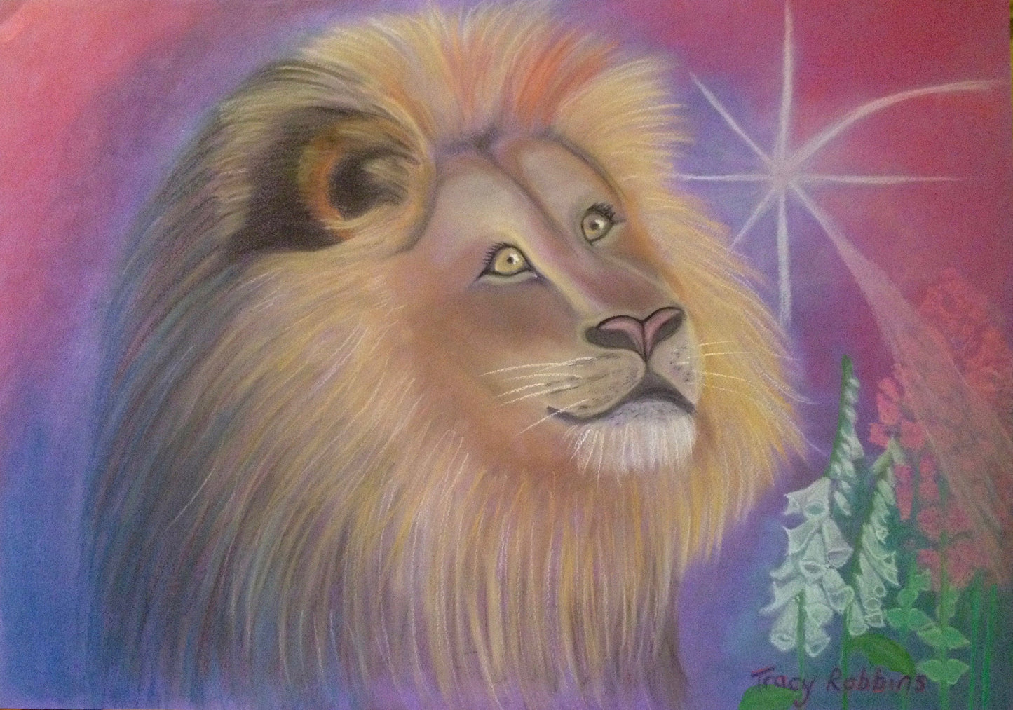 A4 or A3 Art Print "Star Lion" transformational ascension art, lion with foxgloves and a star, energy streaming to earth, lionsgate portal