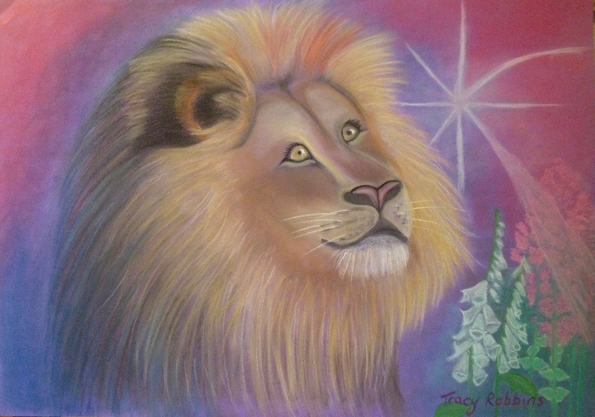 A4 or A3 Art Print "Star Lion" transformational ascension art, lion with foxgloves and a star, energy streaming to earth, lionsgate portal