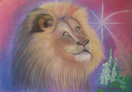 A4 or A3 Art Print "Star Lion" transformational ascension art, lion with foxgloves and a star, energy streaming to earth, lionsgate portal