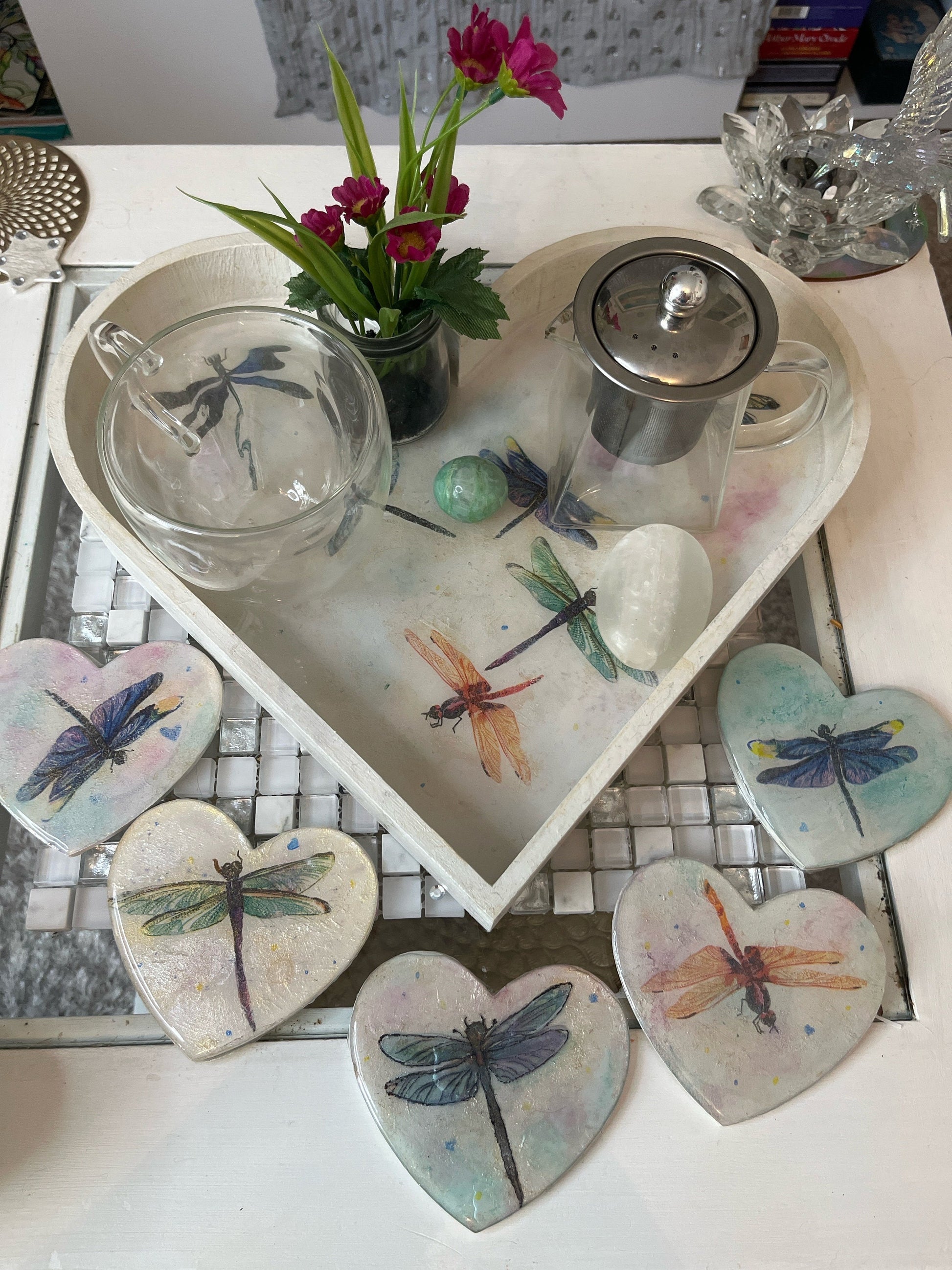 Heart shaped tray, sparkling design of dragonflies with resin coating, has option of matching heart coasters and candle