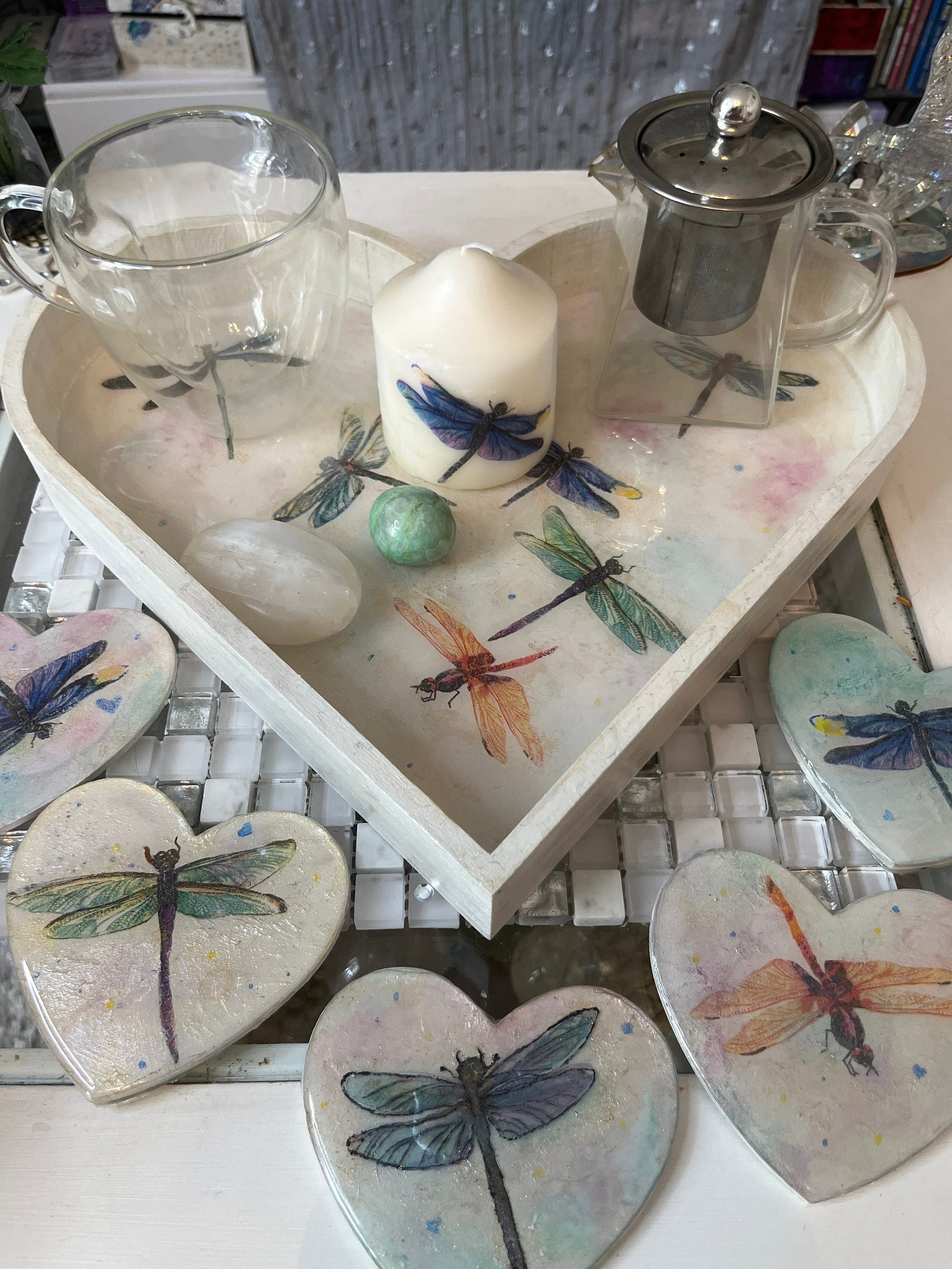 Heart shaped tray, sparkling design of dragonflies with resin coating, has option of matching heart coasters and candle