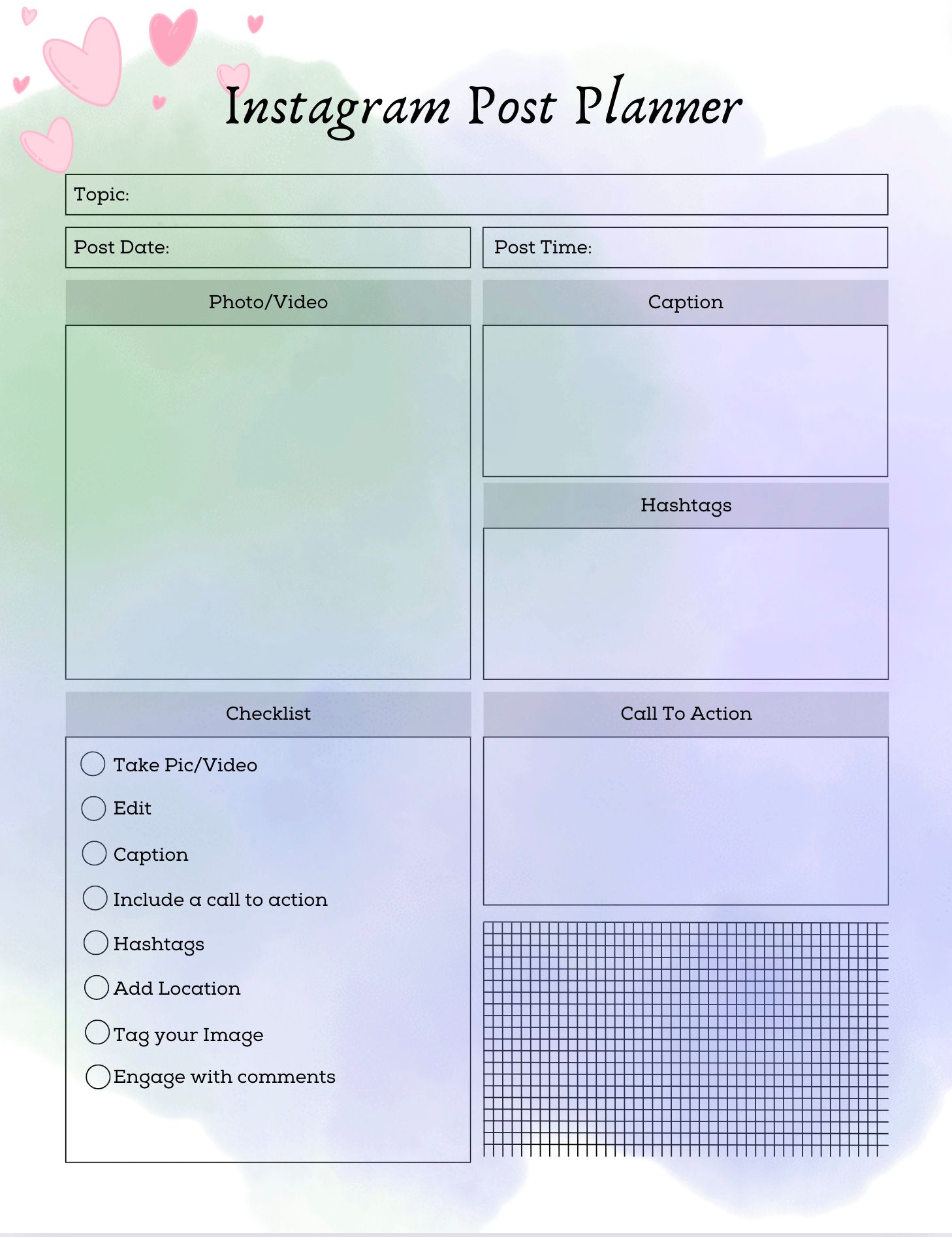 Printable Social Media planner bundle (pdf) for use in a binder, 13 pages general and 1 x individual facebook, Instagram, Twitter, LinkedIn