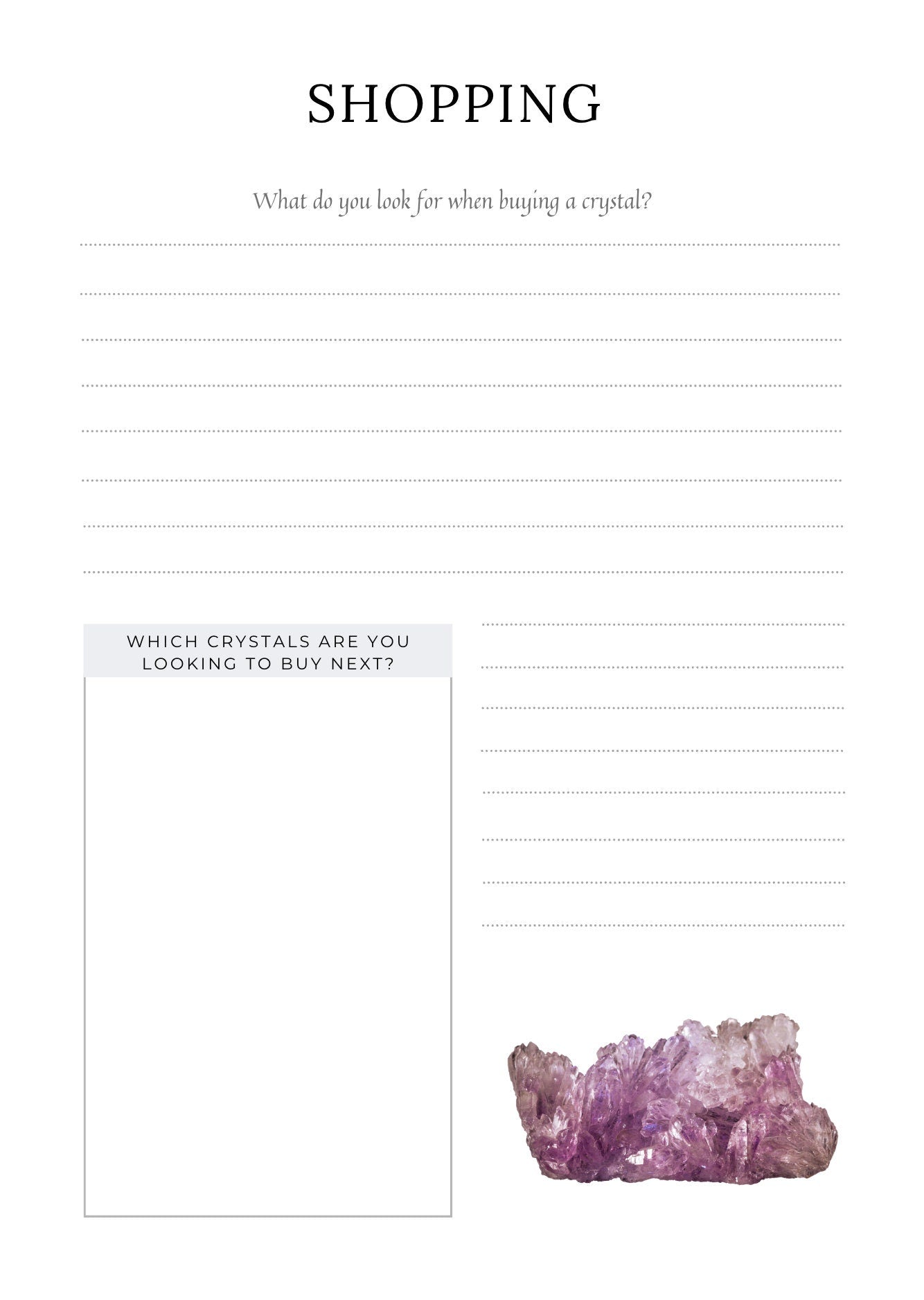 Printable Crystal Journal (pdf) for use in a binder, 34 pages, beautiful inspiring templates to help you document and use your crystals