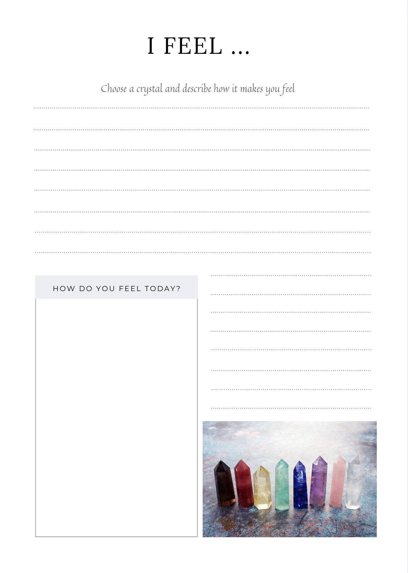 Printable Crystal Journal (pdf) for use in a binder, 34 pages, beautiful inspiring templates to help you document and use your crystals