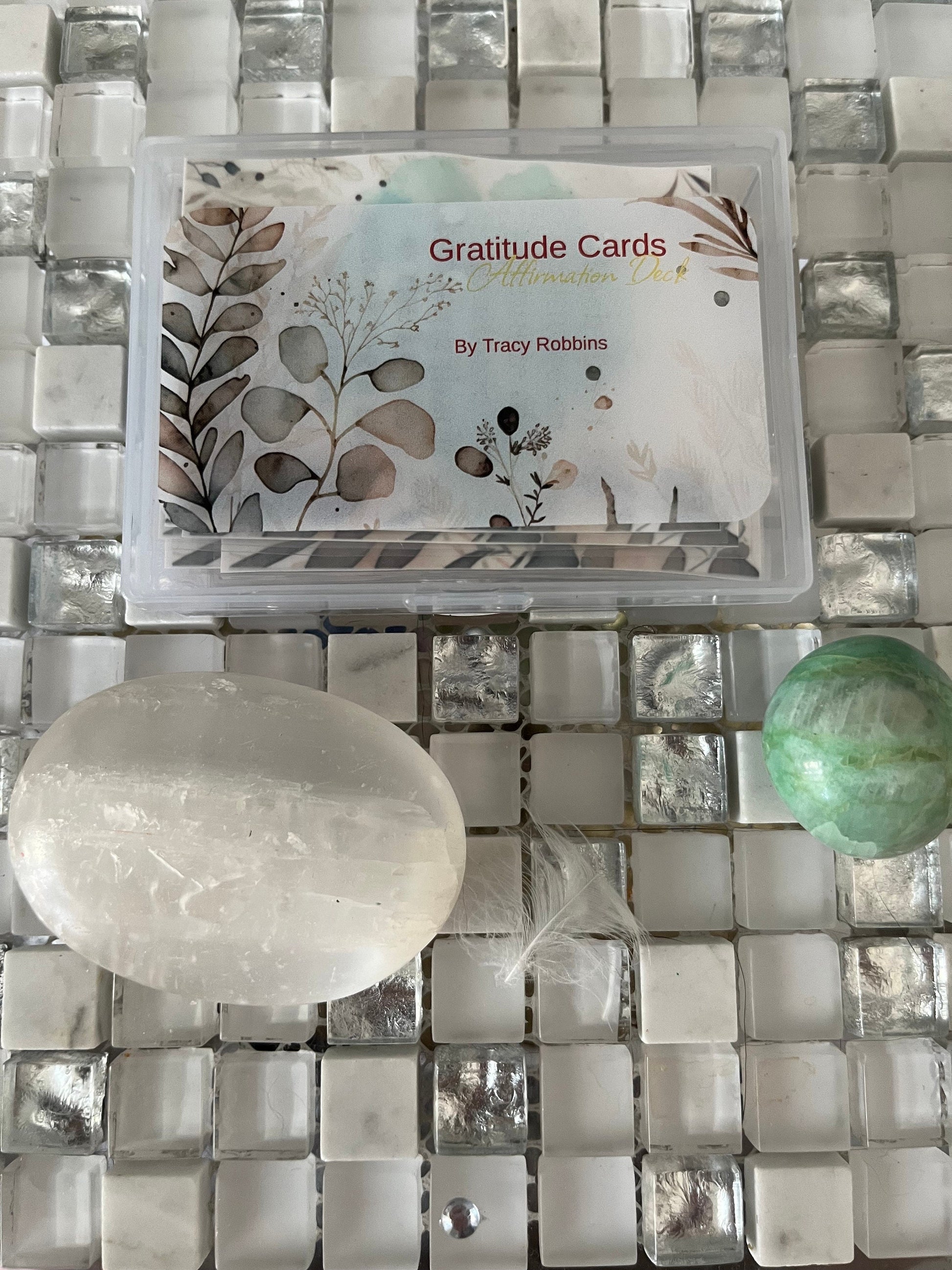 Gratitude cards, affirmations, set of 30 cards, pick one a day for theme for day, do a spread as oracle cards, use with healing clients