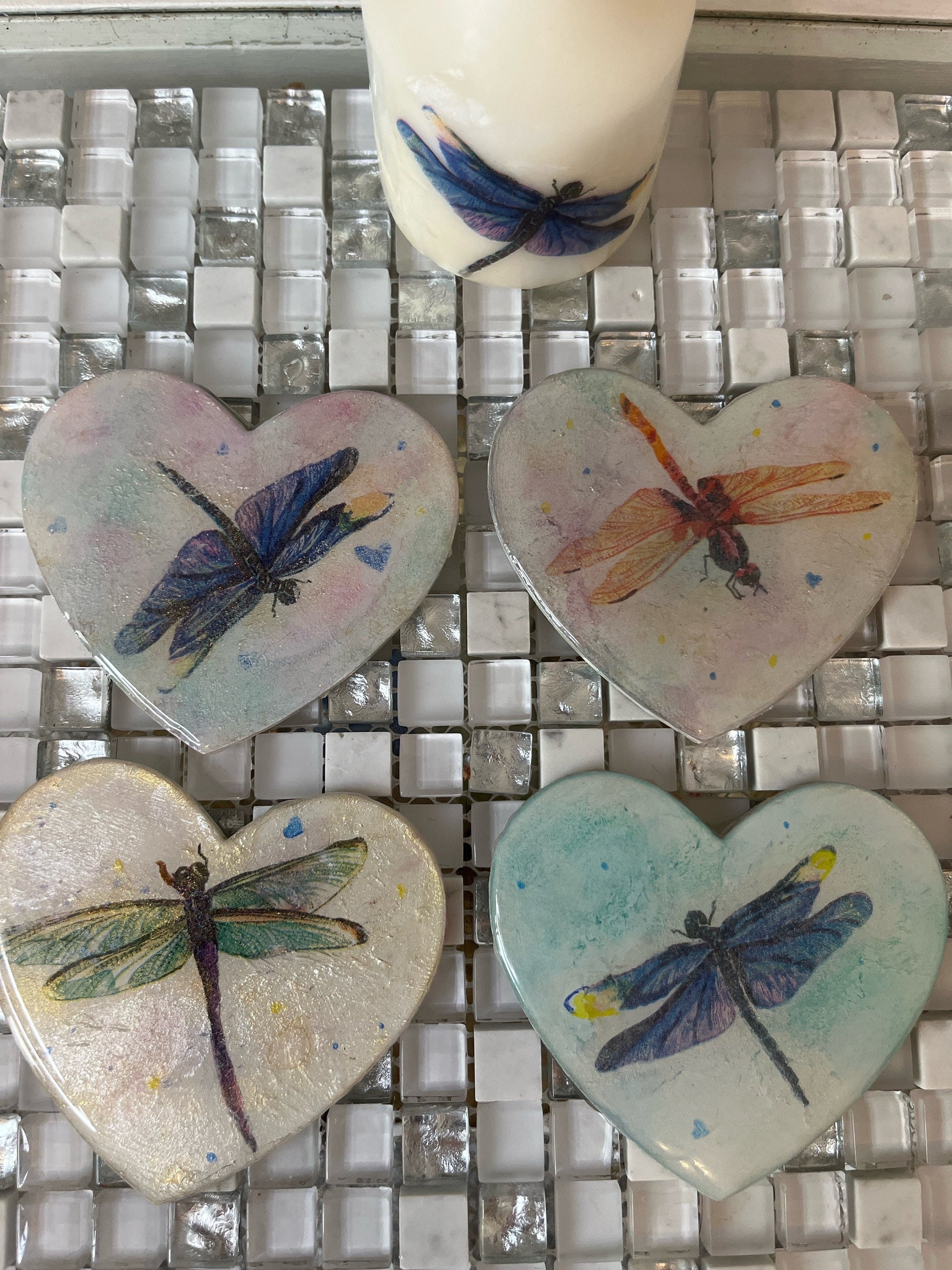 Pretty heart shaped coasters, set of 4, dragonfly design with metallic shimmer and resin coating, decoupaged, on wood base, unique, no other