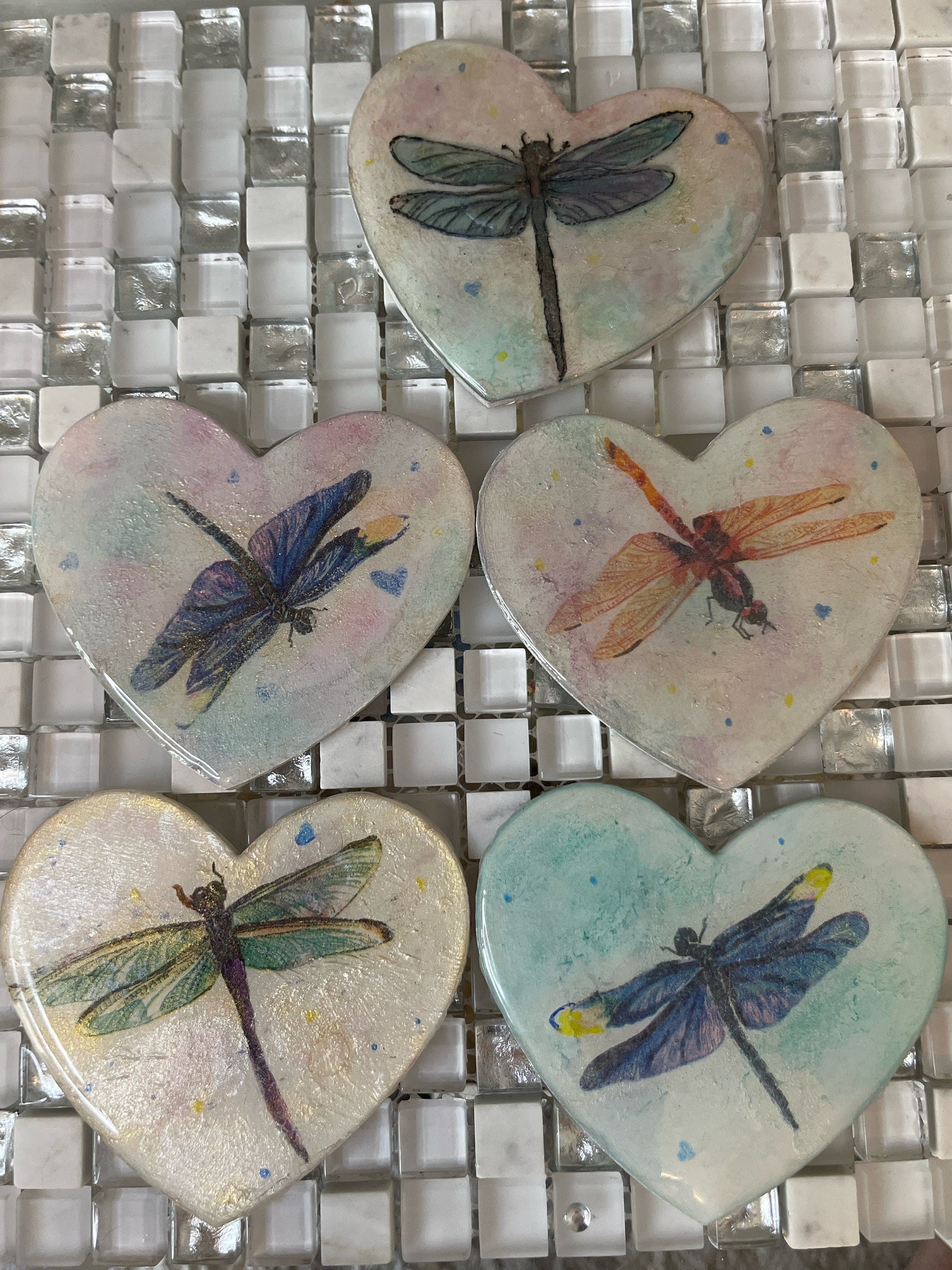 Pretty heart shaped coasters, set of 4, dragonfly design with metallic shimmer and resin coating, decoupaged, on wood base, unique, no other