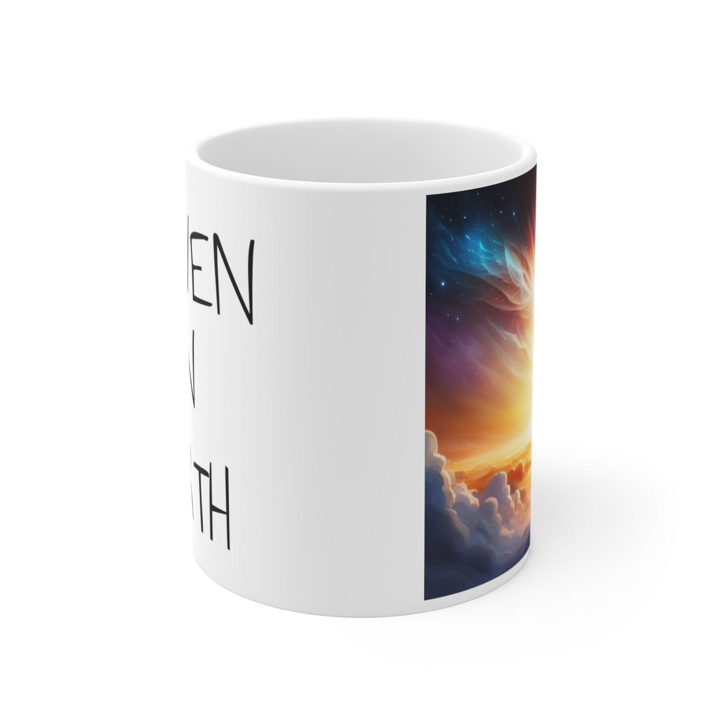 Mug 11oz, heaven on earth intention, affirmation, high vibration, text and image, woman walking in heavenly scene toward spirit in sky, gift