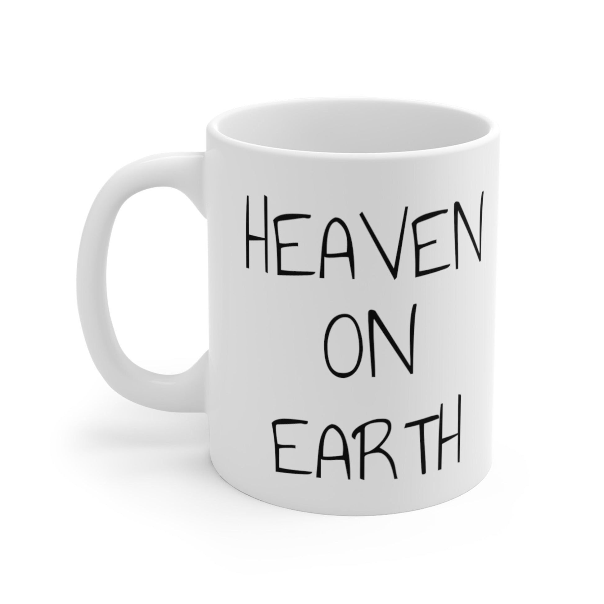 Mug 11oz, heaven on earth intention, affirmation, high vibration, text and image, woman walking in heavenly scene toward spirit in sky, gift