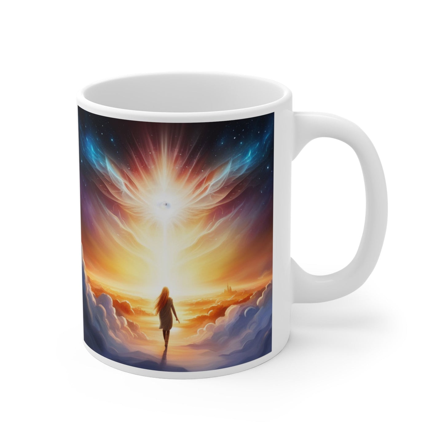 Mug 11oz, heaven on earth intention, affirmation, high vibration, text and image, woman walking in heavenly scene toward spirit in sky, gift