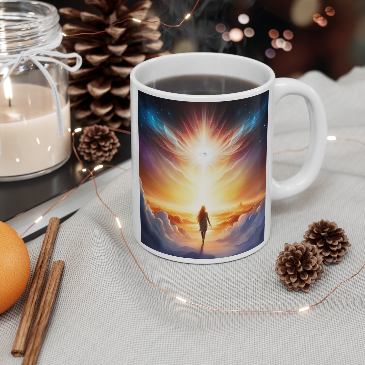 Mug 11oz, heaven on earth intention, affirmation, high vibration, text and image, woman walking in heavenly scene toward spirit in sky, gift