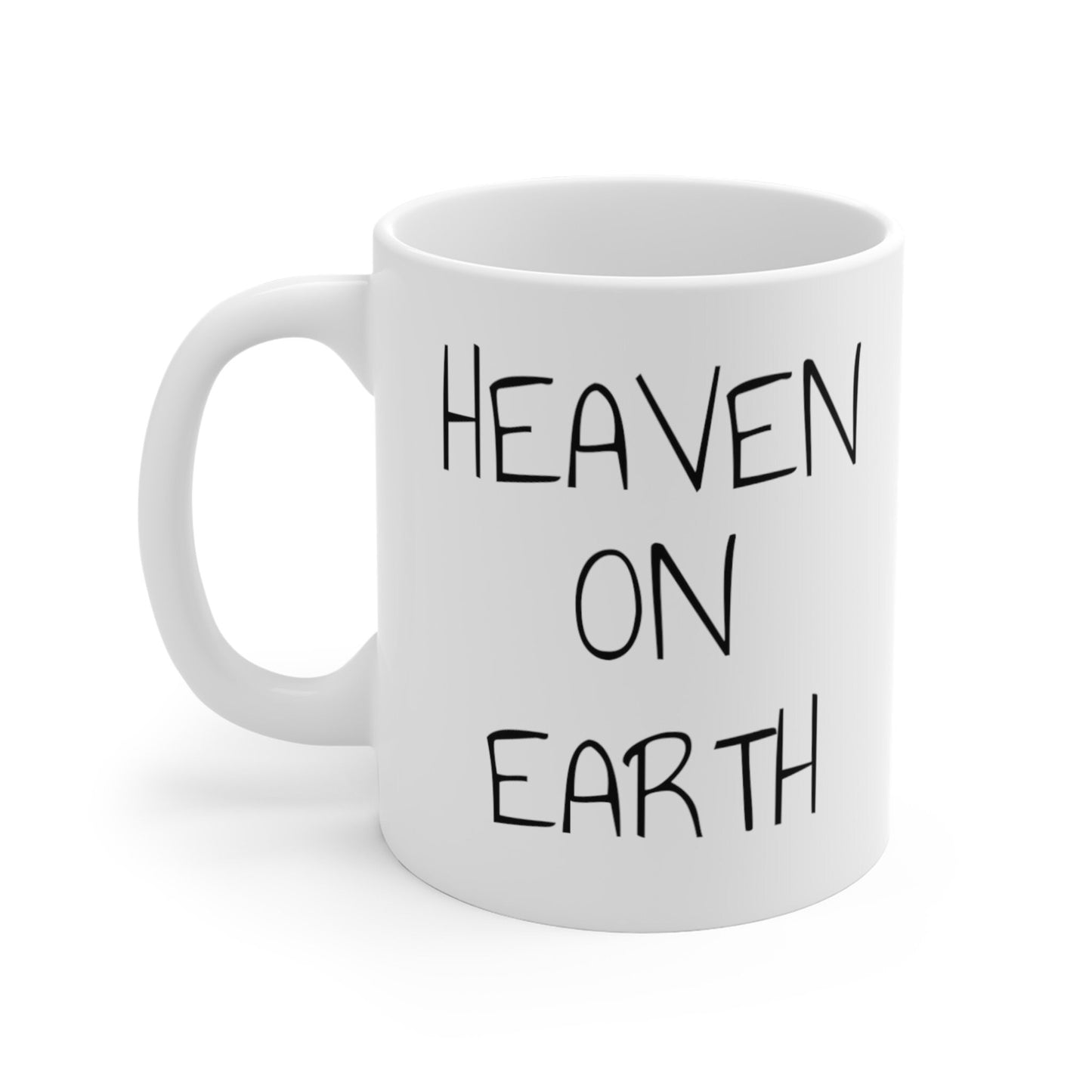 Mug 11oz, heaven on earth intention, affirmation, spiritual, high vibration, gift, white coffee cup, text and bright heavenly image, light