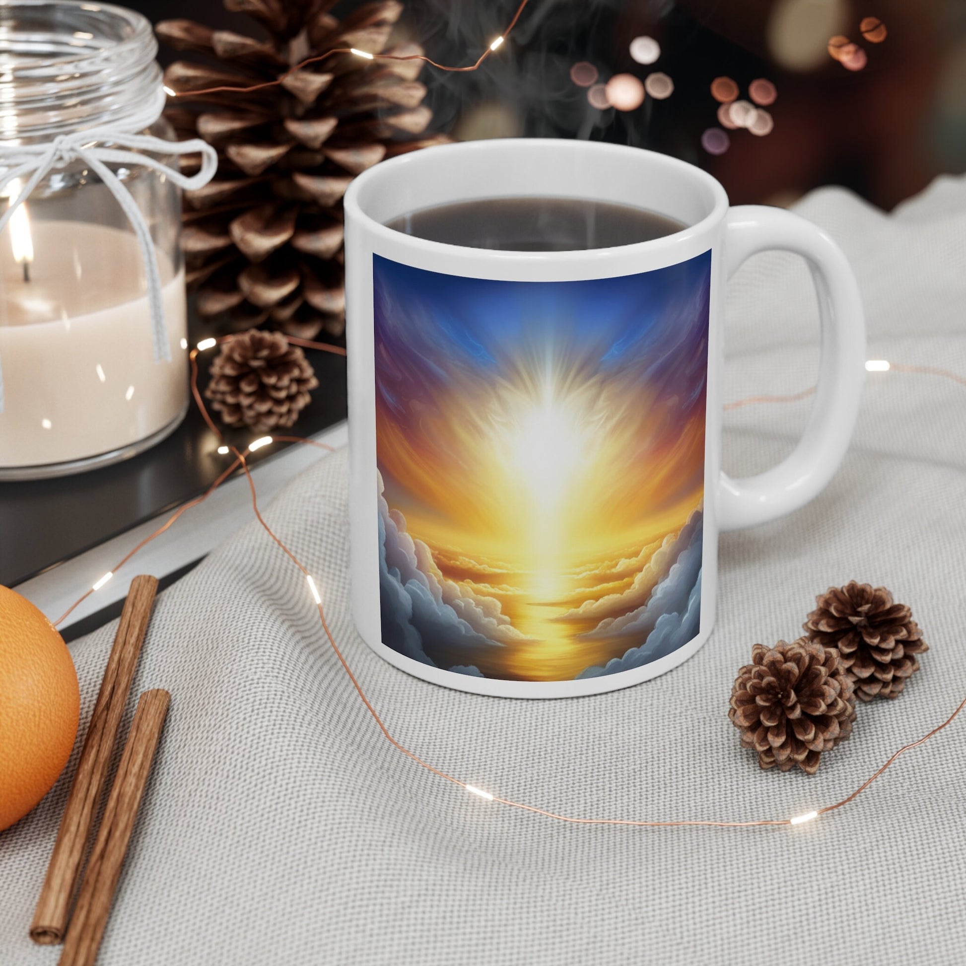 Mug 11oz, heaven on earth intention, affirmation, spiritual, high vibration, gift, white coffee cup, text and bright heavenly image, light