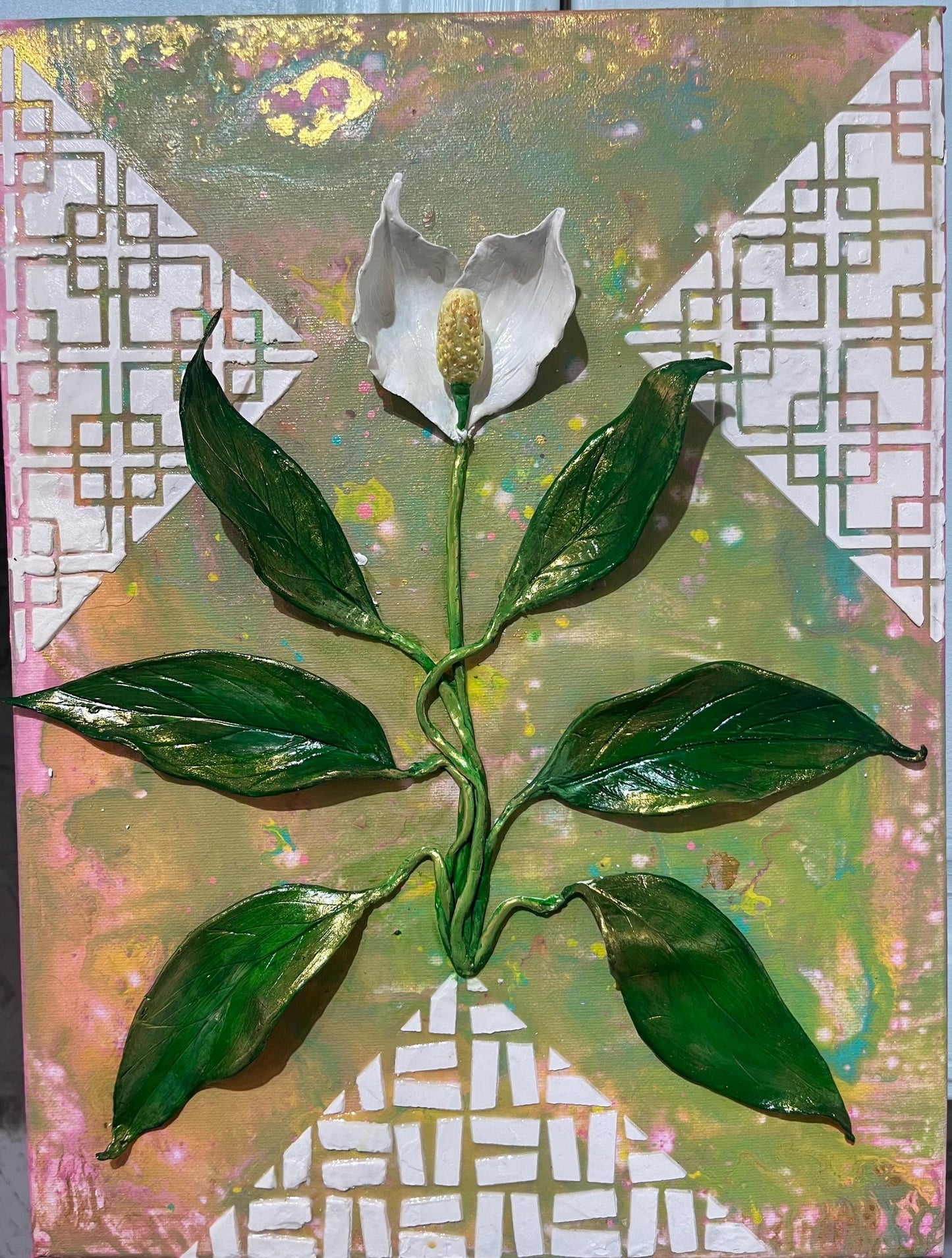 3D alchemical art: Peace and love Lily, Acrylic on canvas with air dry clay sculptured lily.