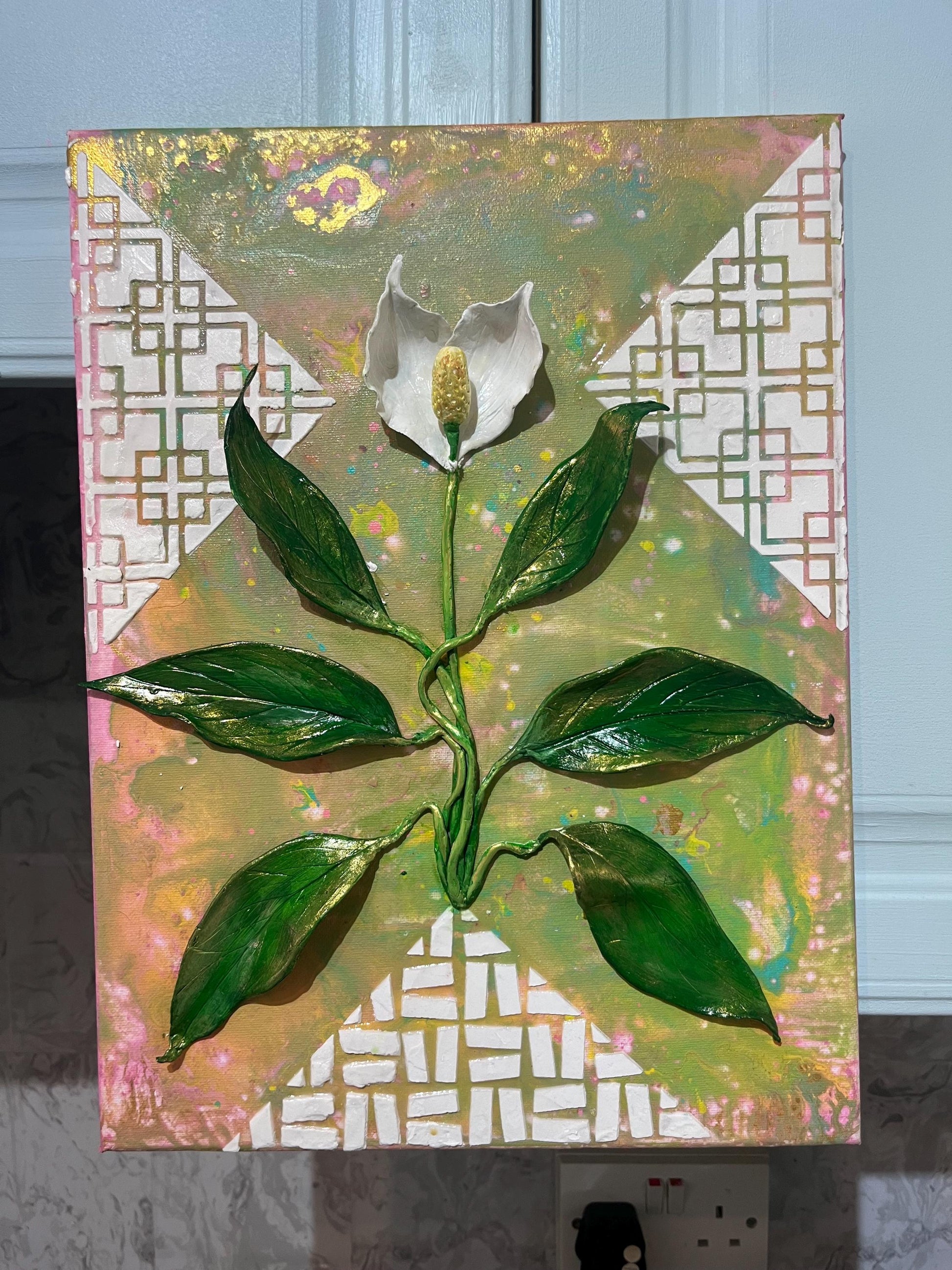 3D alchemical art: Peace and love Lily, Acrylic on canvas with air dry clay sculptured lily.