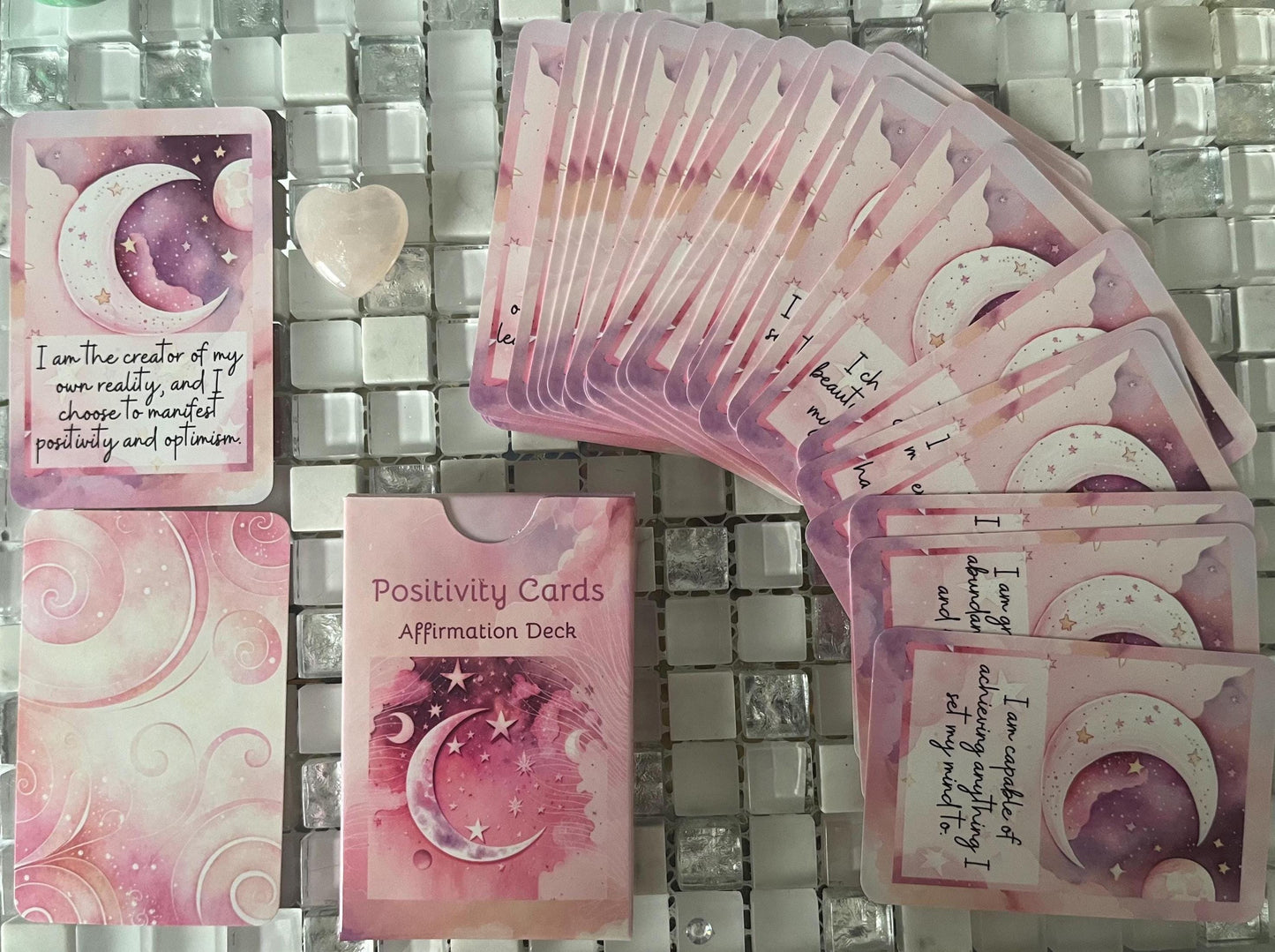 Positivity cards, affirmations, set of 30 cards, pick one a day for theme for day, do a spread as oracle cards, use with healing clients