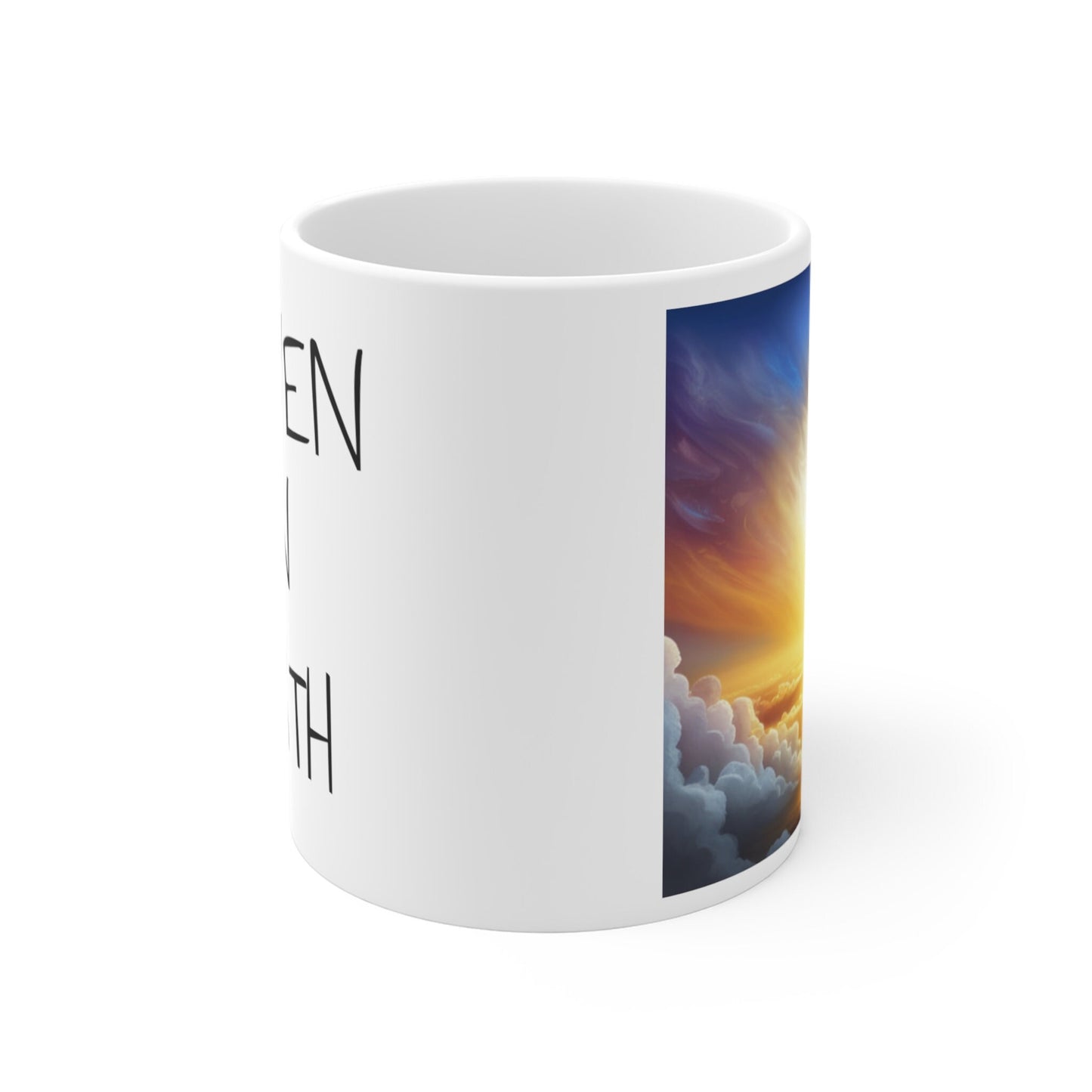 Mug 11oz, heaven on earth intention, affirmation, spiritual, high vibration, gift, white coffee cup, text and bright heavenly image, light