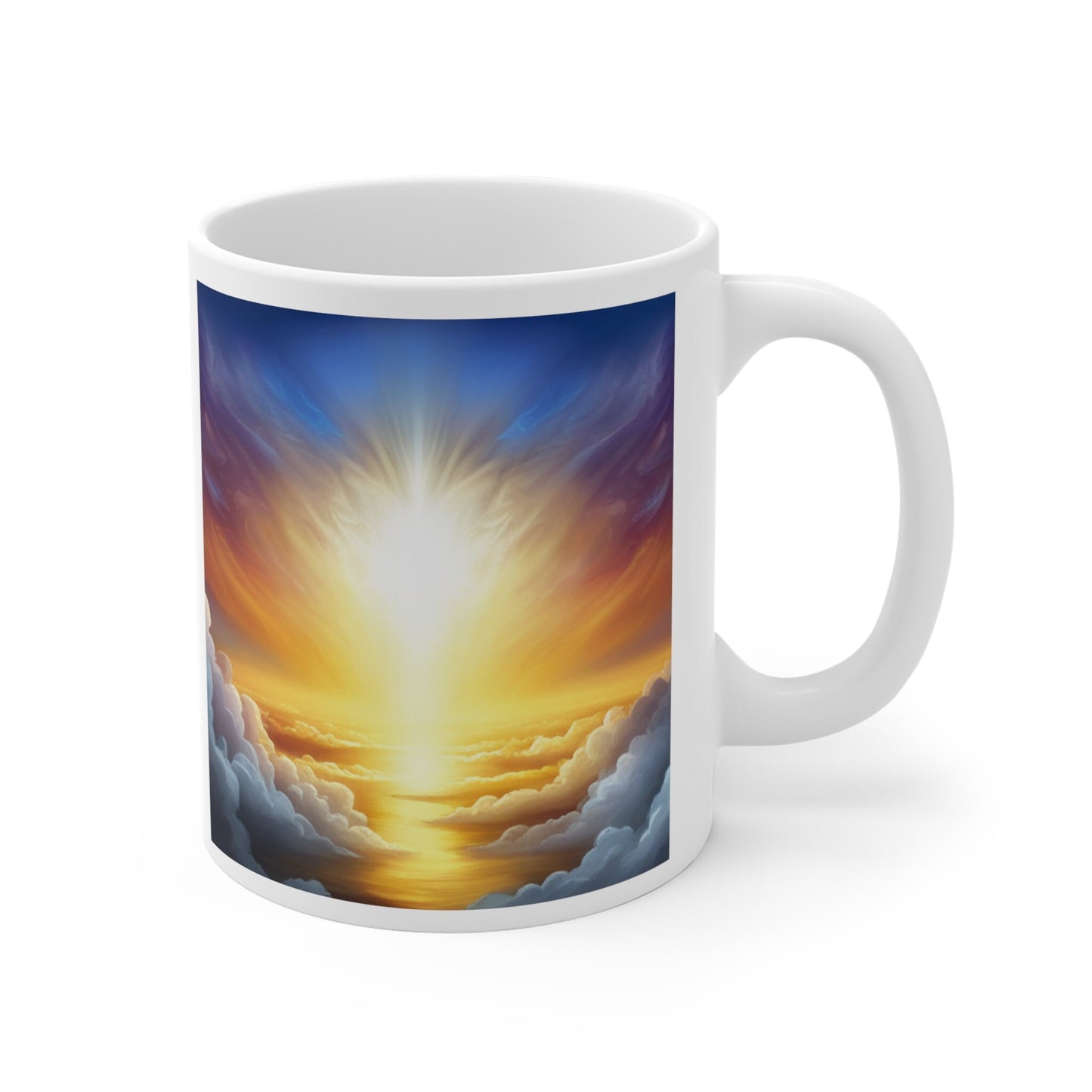 Mug 11oz, heaven on earth intention, affirmation, spiritual, high vibration, gift, white coffee cup, text and bright heavenly image, light