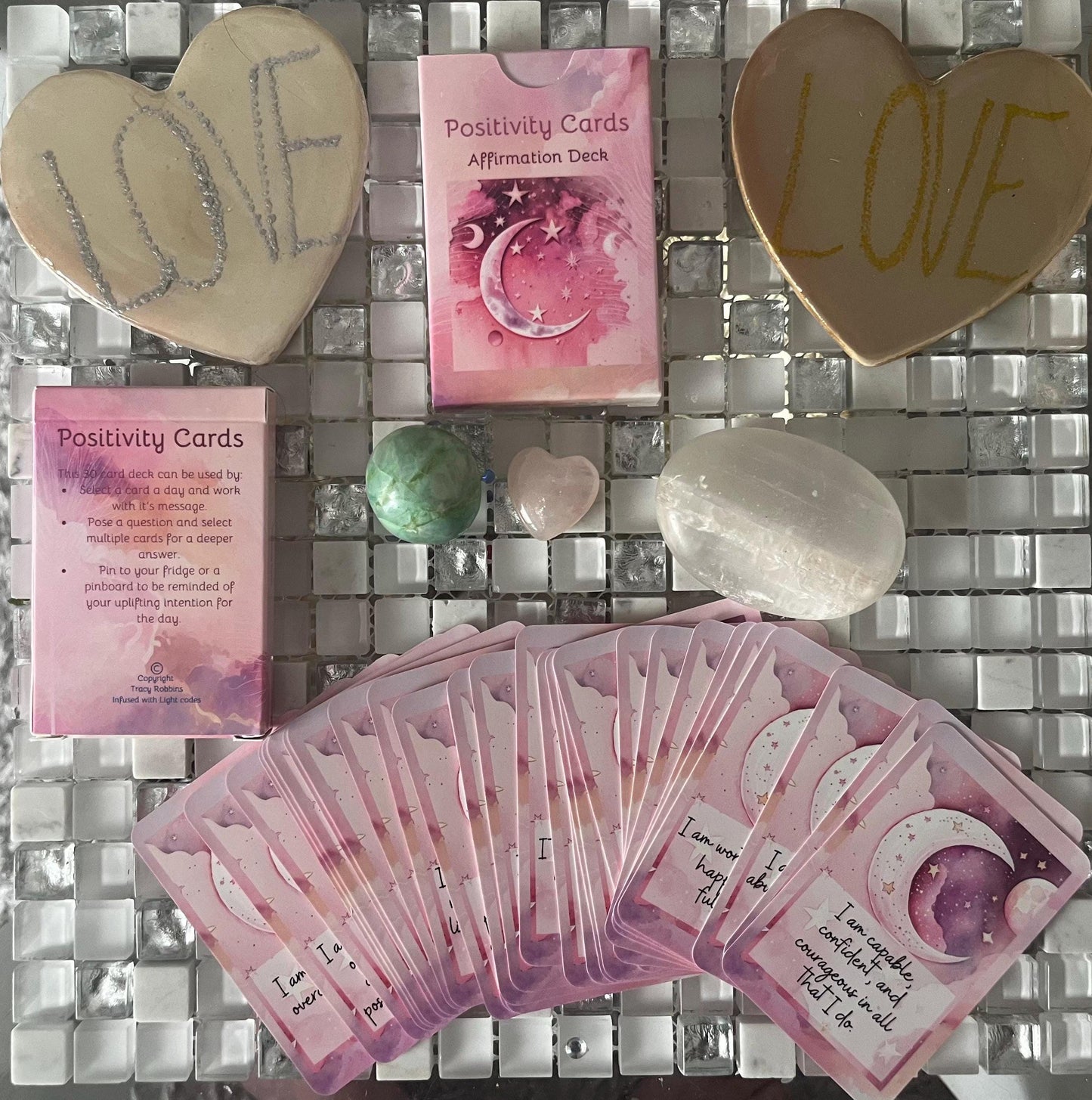 Positivity cards, affirmations, set of 30 cards, pick one a day for theme for day, do a spread as oracle cards, use with healing clients