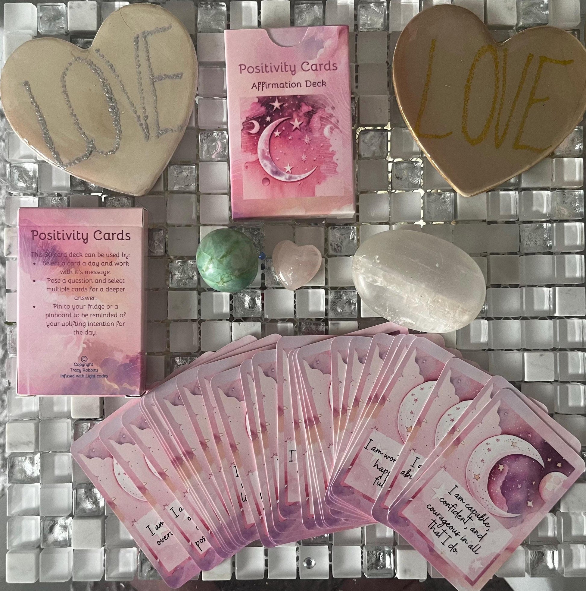 Positivity affirmations gift set including a set of 30 cards, 30 day positive mindset journal and soap roses in love heart shape