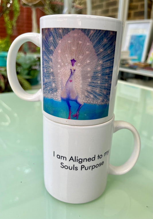 Energised healing mug white peacock