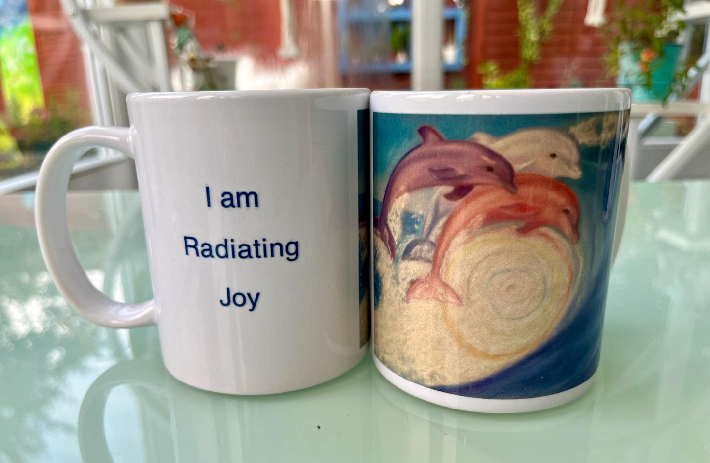 Energised healing mug dolphins surfing