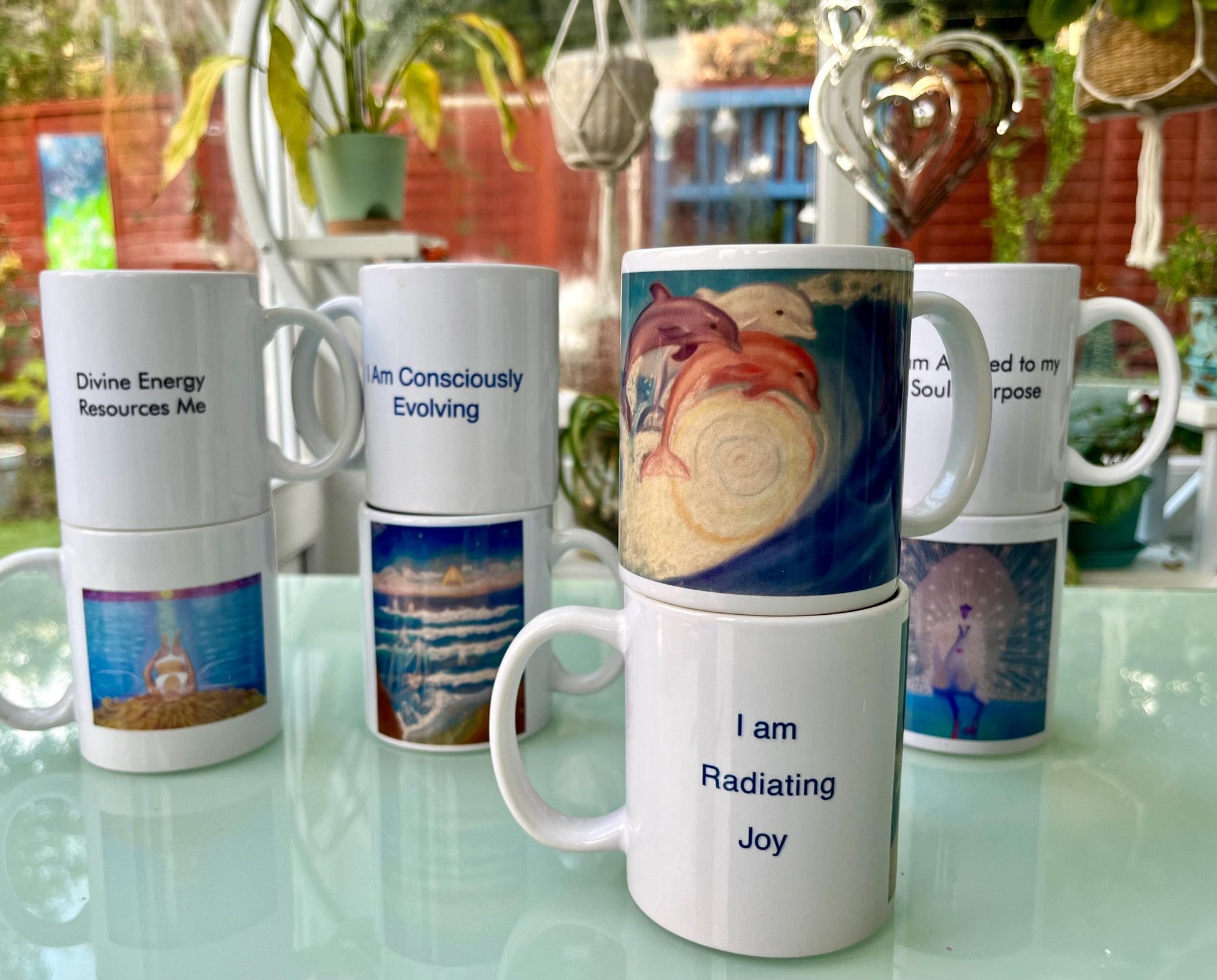 Energised healing mug dolphins surfing