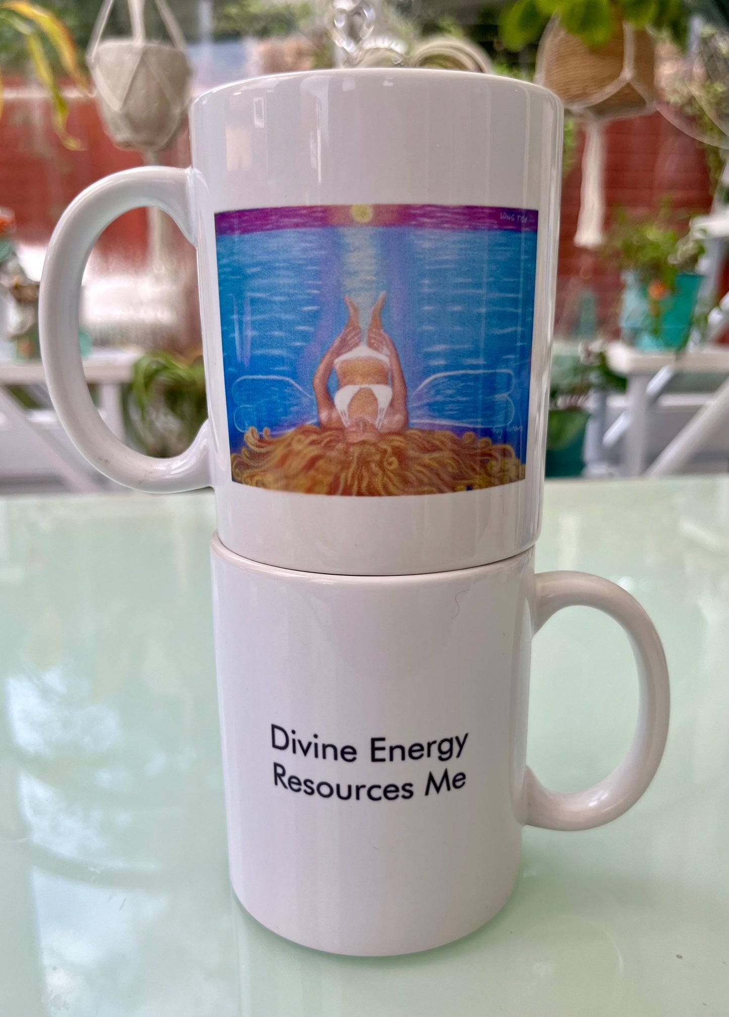 Energised healing mug floating on ocean