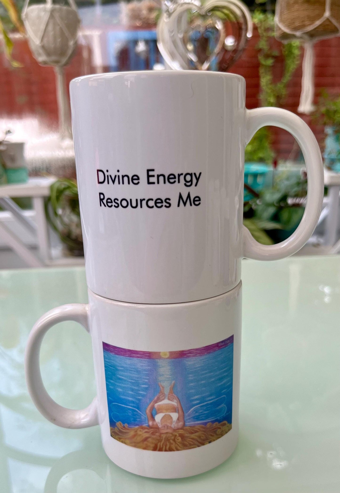 Energised healing mug floating on ocean