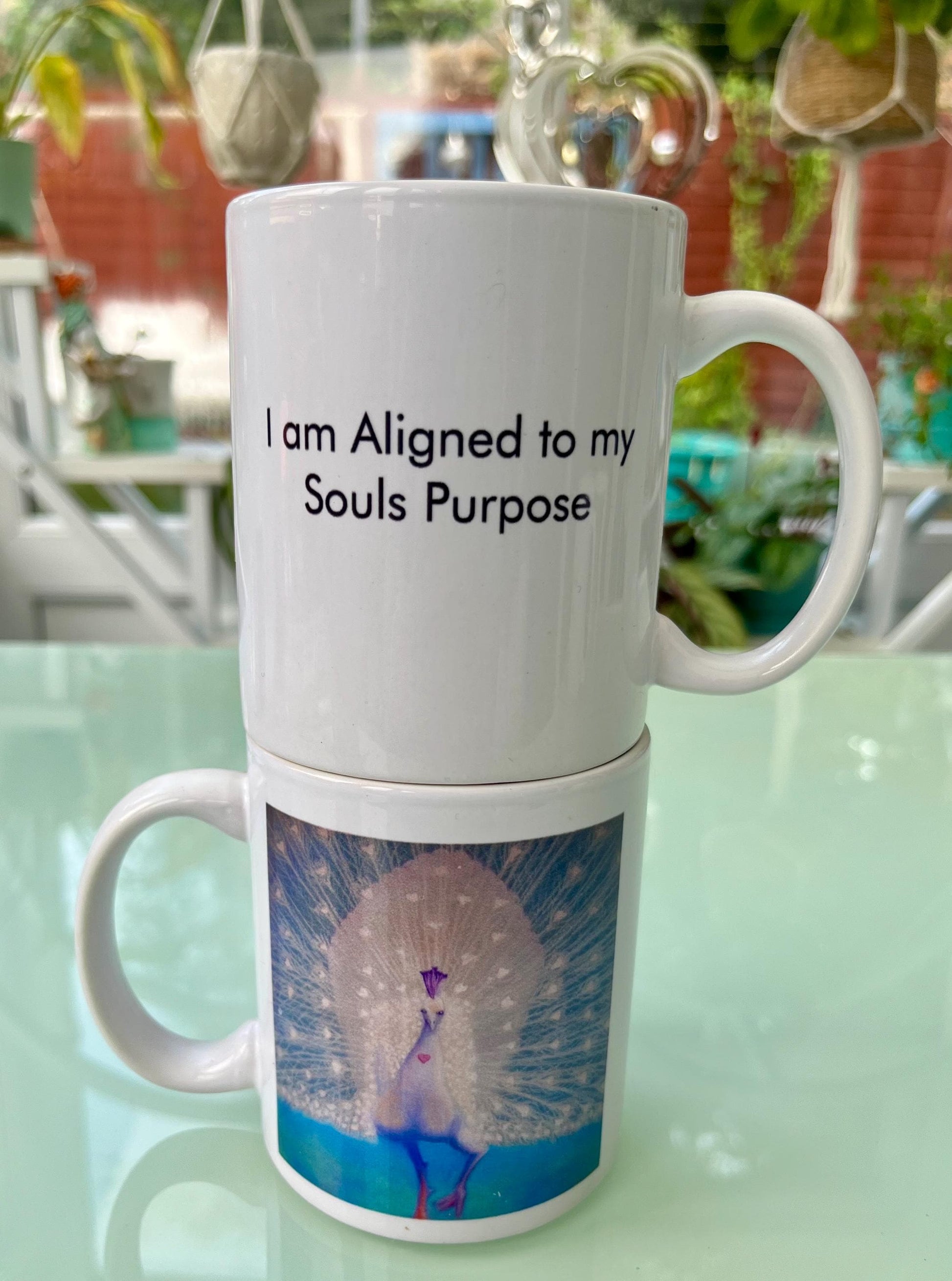 Energised healing mug white peacock