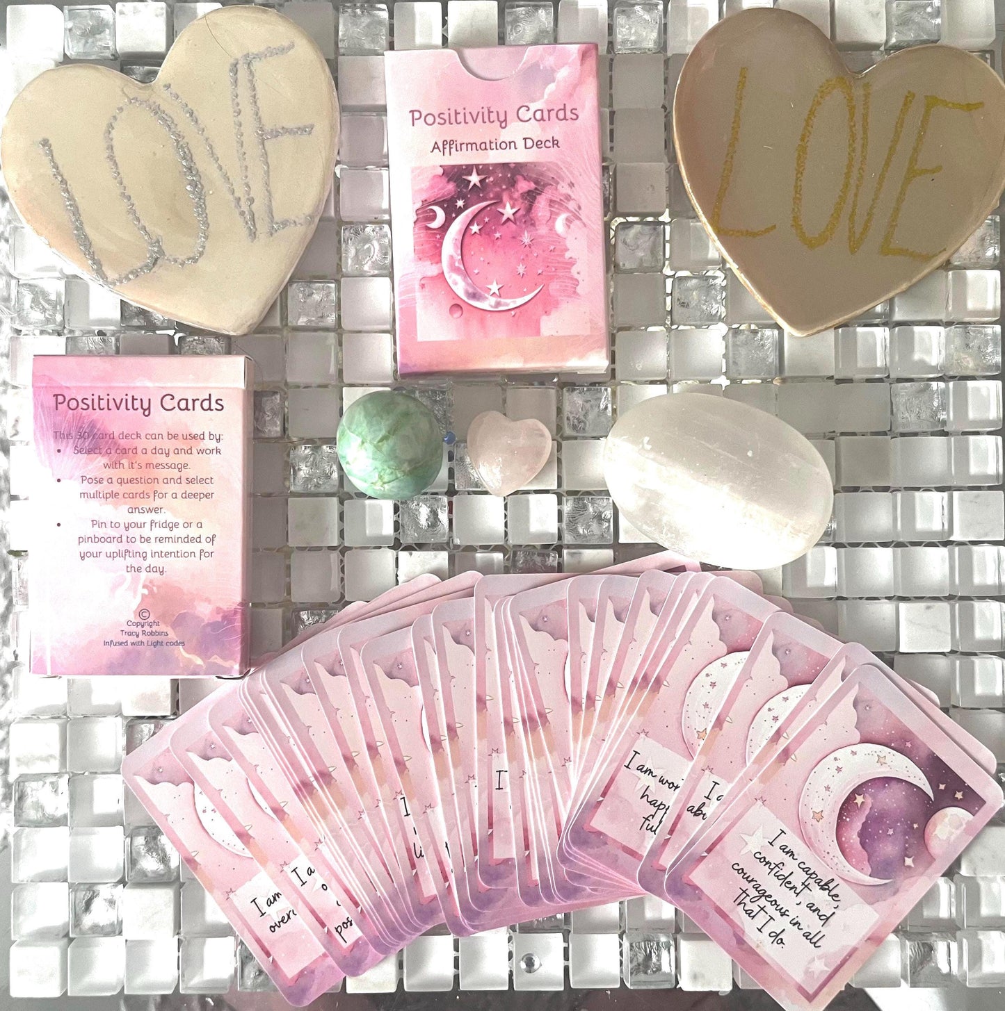 Positivity cards, affirmations, set of 30 cards, pick one a day for theme for day, do a spread as oracle cards, use with healing clients