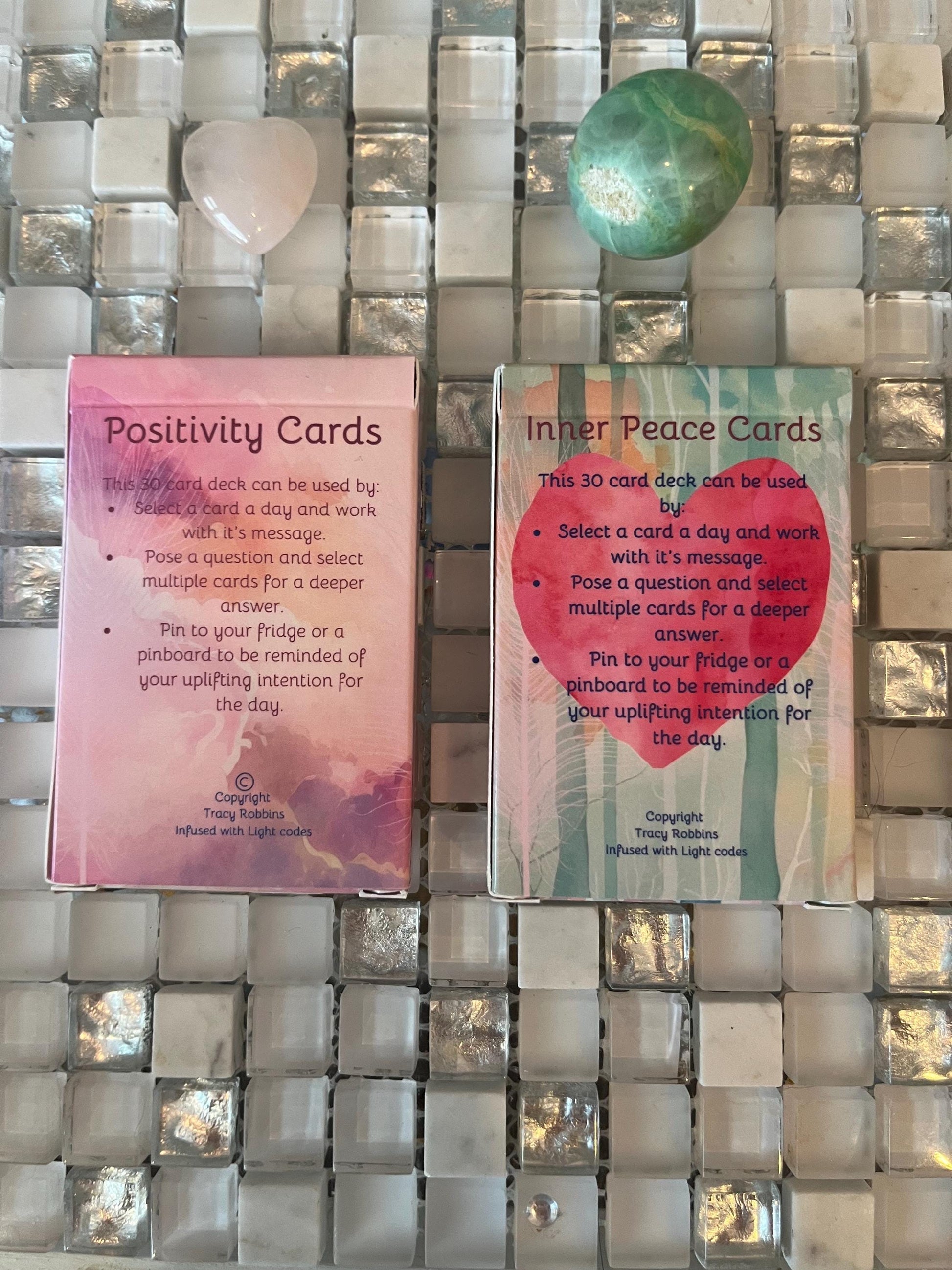 Positivity cards, affirmations, set of 30 cards, pick one a day for theme for day, do a spread as oracle cards, use with healing clients