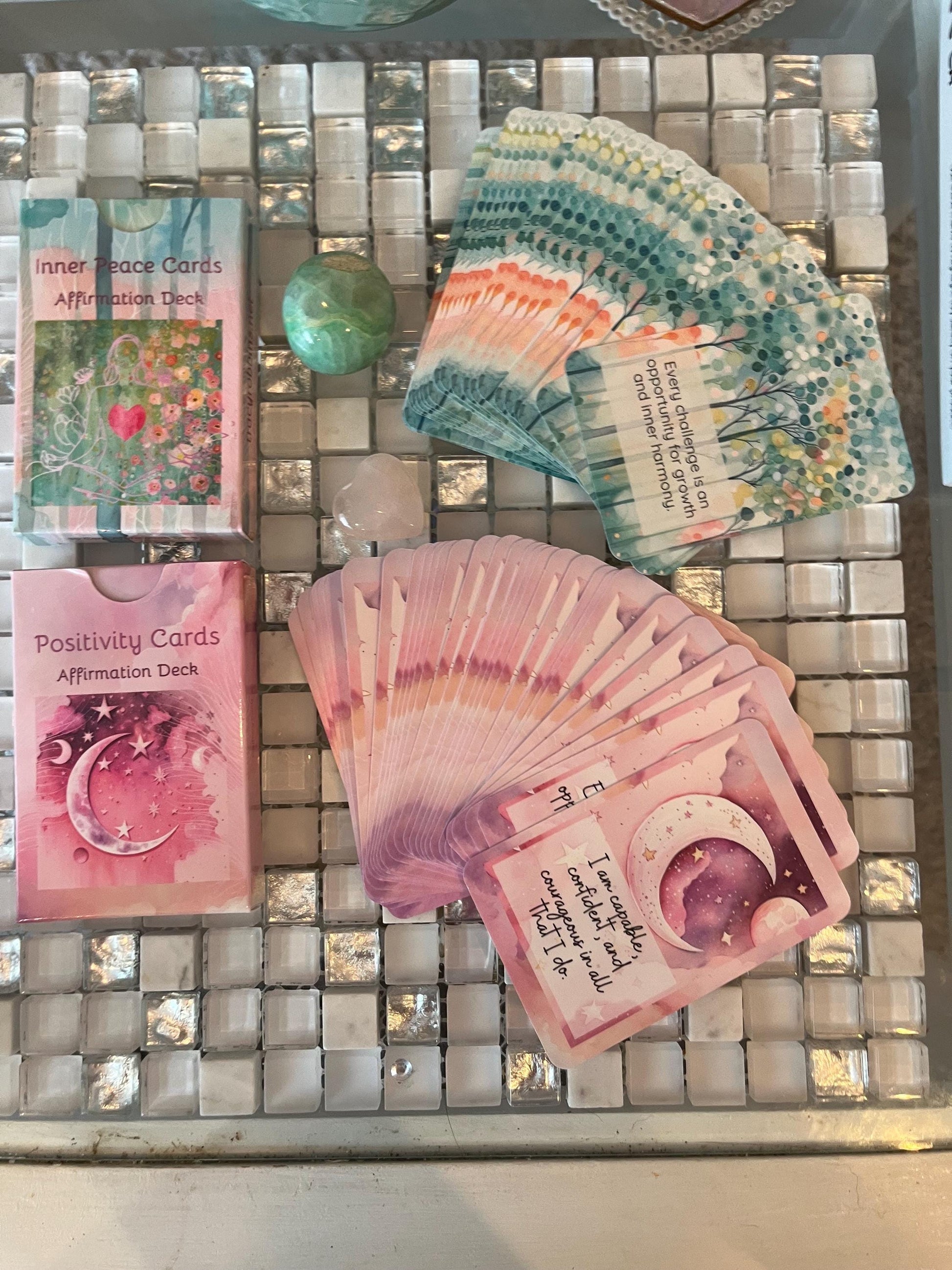 Positivity cards, affirmations, set of 30 cards, pick one a day for theme for day, do a spread as oracle cards, use with healing clients