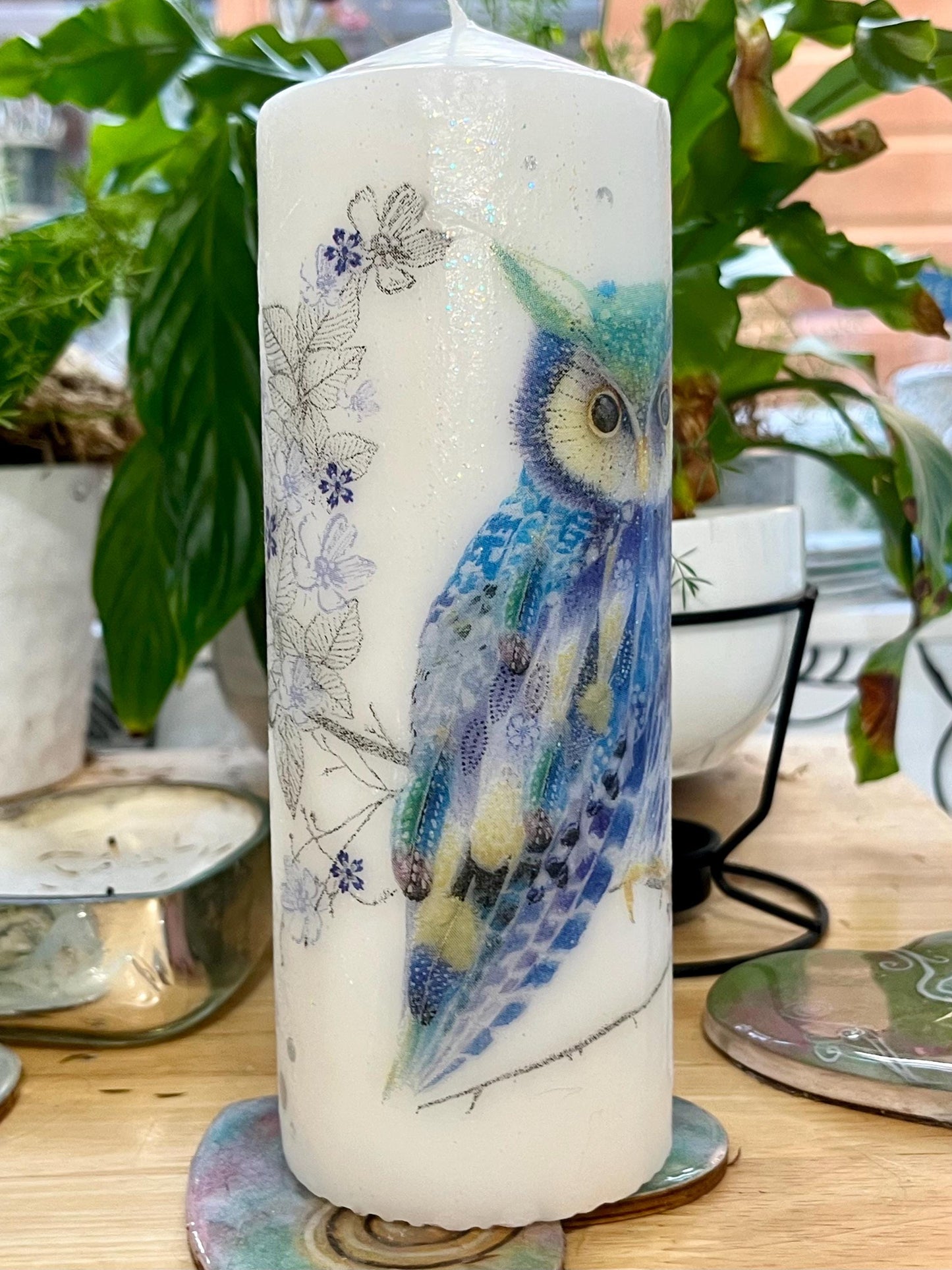 Large Pillar candle, Blue owl design on white wax, 150 hours burning, matching items available